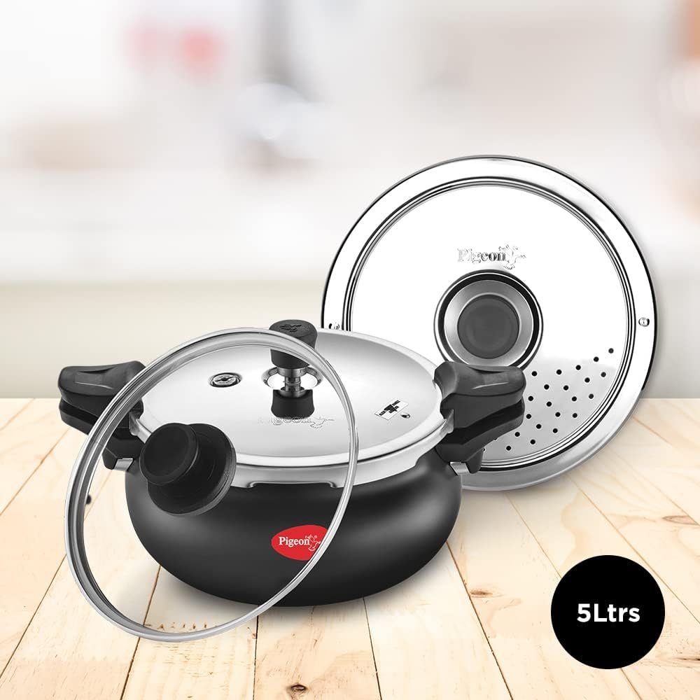 Pigeon 5.3 Quart All-In-One Super Cooker - Steamer, Cooking Pot, Pressure Cooker, Dutch Oven - For All Cooktops - Quick Cooking of Meat, Soup, Rice, Beans, Idli  more, Hard Anodized, (5 Liters)