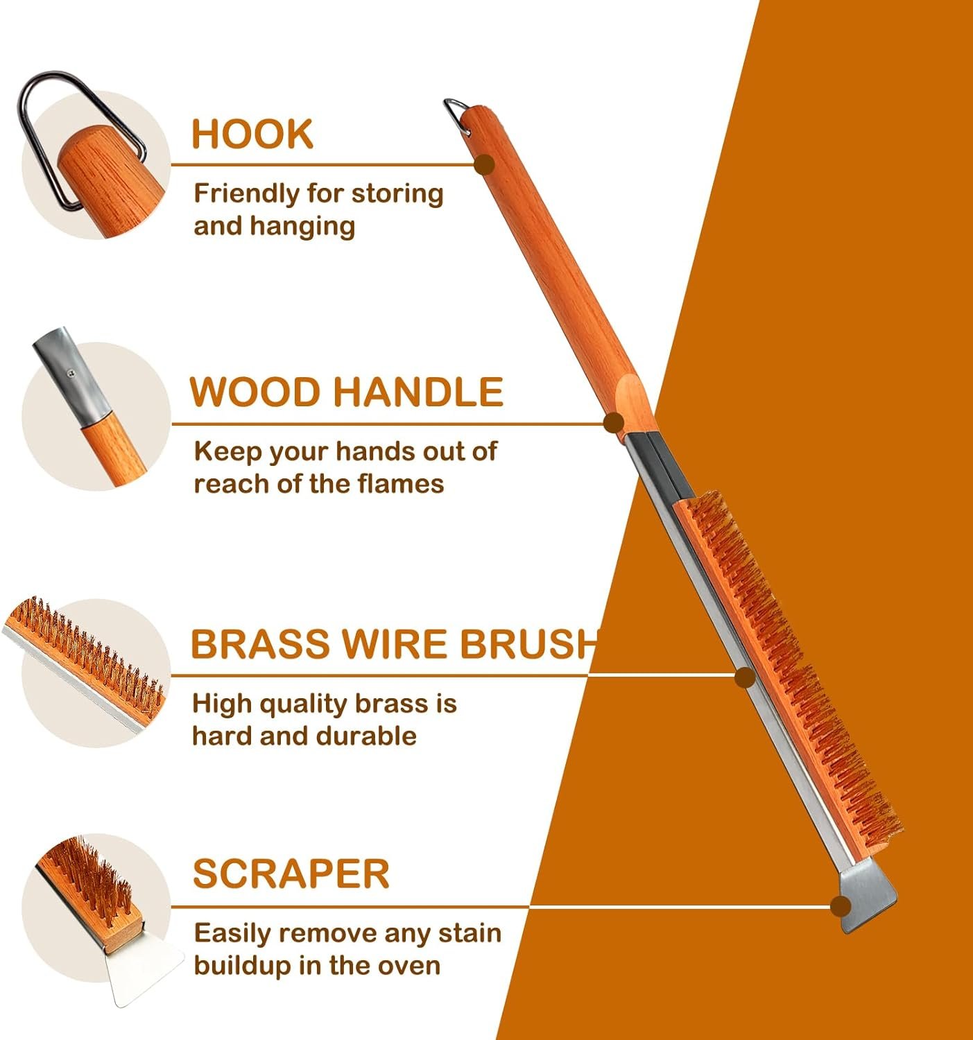 Pizza Oven Brush, 22” Pizza Stone Brush - Grill Cleaning Brush with Scraper, Grill Brush Wood Handle Brass Bristles, Pizza Oven Accessories for Outdoor BBQ, (Vibrant Orange) Pizza Oven Brush, 22” Pizza Stone Brush - Grill Cleaning Brush with Scraper, Grill Brush Wood Handle Brass Bristles, Pizza Oven Accessories for Outdoor BBQ, (Vibrant Orange)