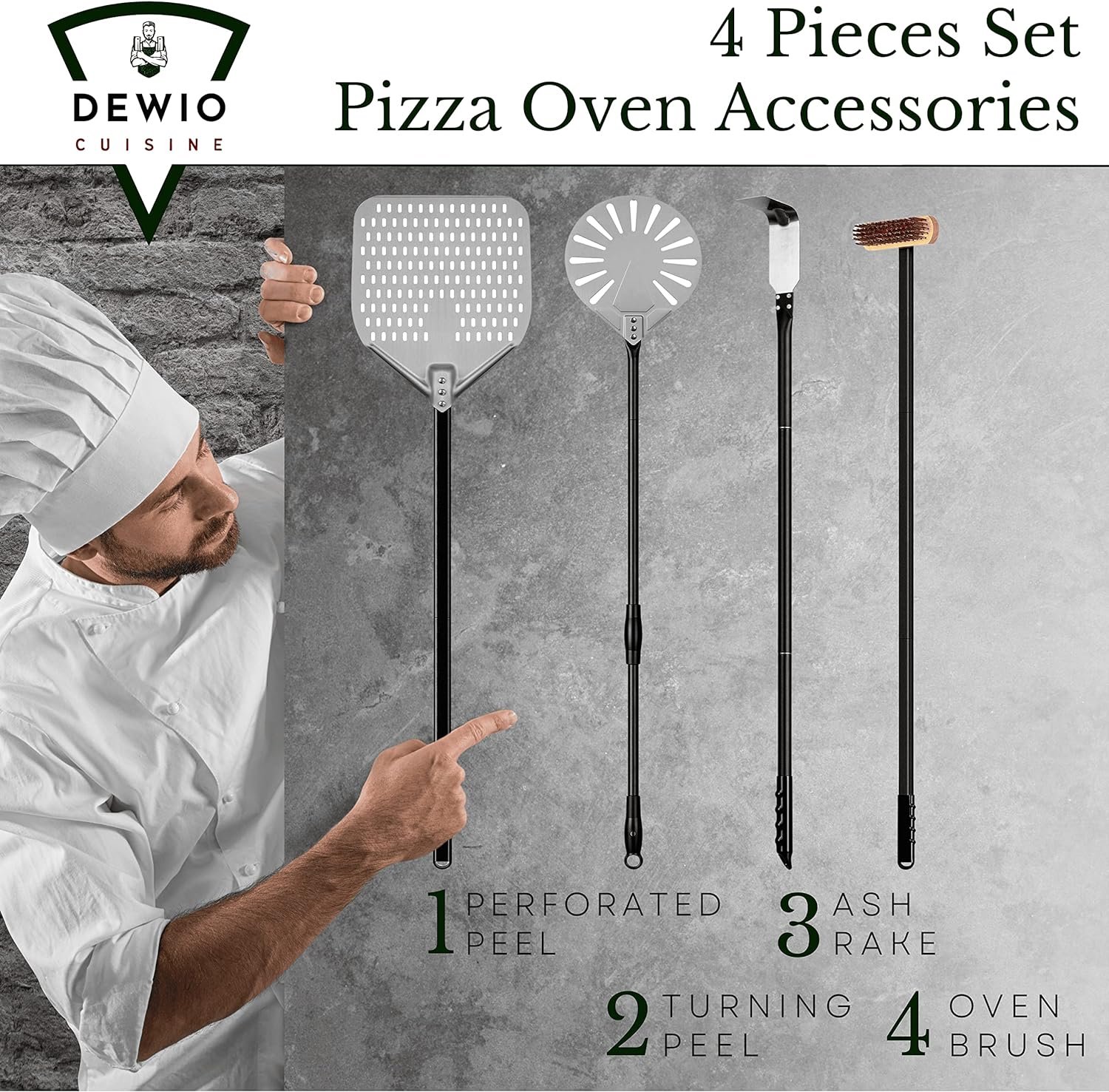 Pizza Oven Set 47 Inch 4 Piece Kit Pizza Turning Peel 9 Inch, Ash Rake, Pizza Oven Brush, Perforated Pizza Peel, Pizza Oven Accessoires for Restaurant, Garden, Home with 20 delicious recepts Pizza Oven Set 47 Inch 4 Piece Kit Pizza Turning Peel 9 Inch, Ash Rake, Pizza Oven Brush, Perforated Pizza Peel, Pizza Oven Accessoires for Restaurant, Garden, Home with 20 delicious recepts