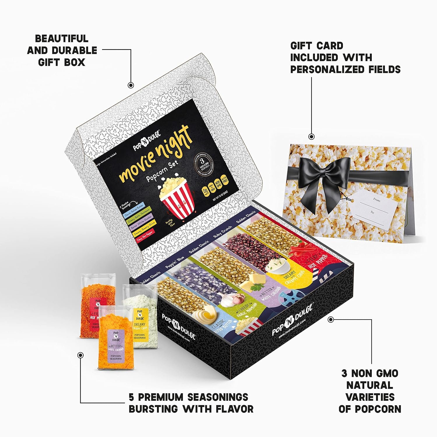 Popcorn Movie Night Supplies Popcorn Kernels Popcorn Seasoning 16 Pack, 5 Gourmet Popcorn Kernels, 5 Popcorn Seasoning Variety Packs Non-GMO Snacks, Includes 6 Bags, Gift Basket Idea
