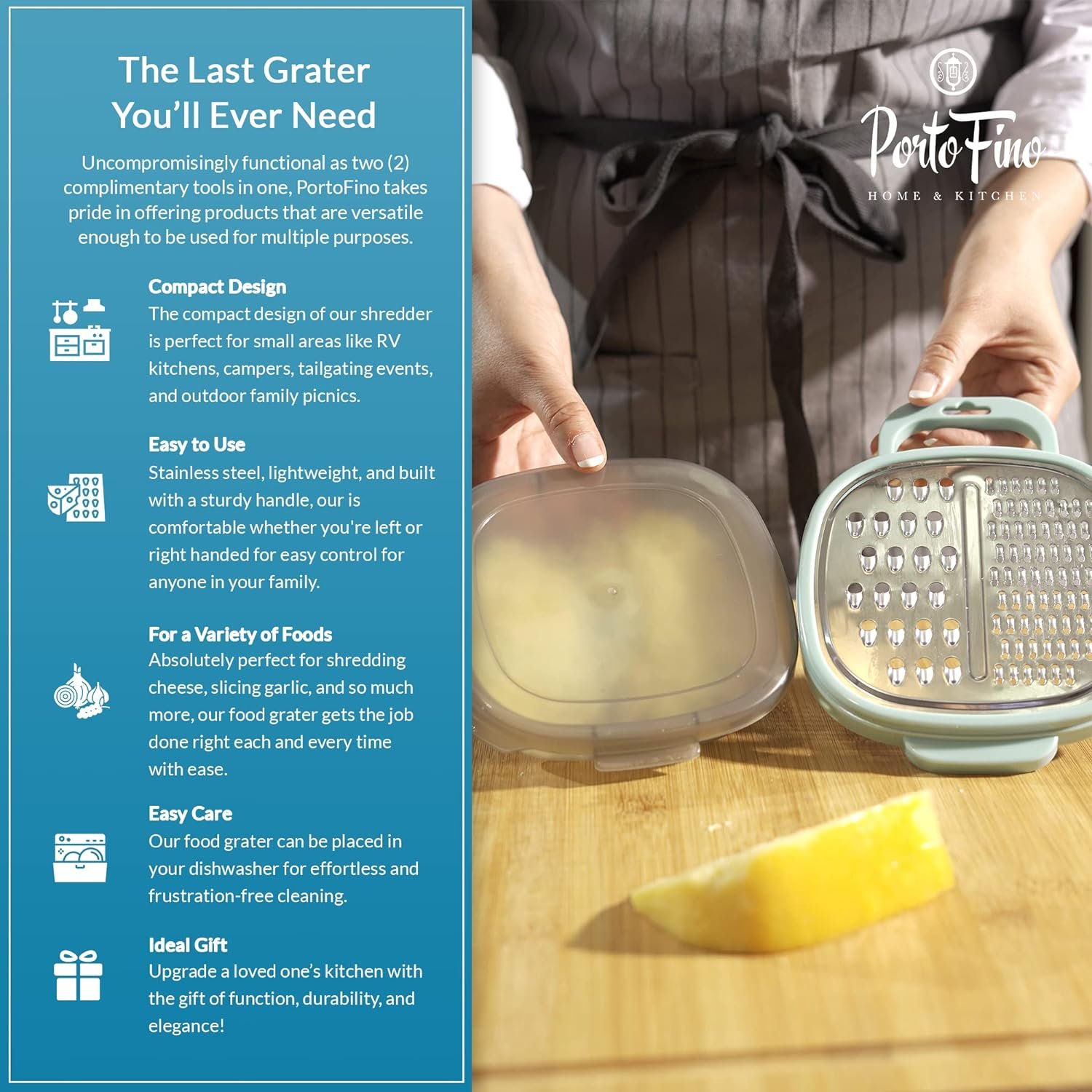 PortoFino Cheese Grater with Container - Cheese Grater with Handle - Graters for Kitchen - Cheese Shredder Small Grater - Cheese Grater Box - Mini Cheese Grater - Cheese Grater HandHeld - Box Grater