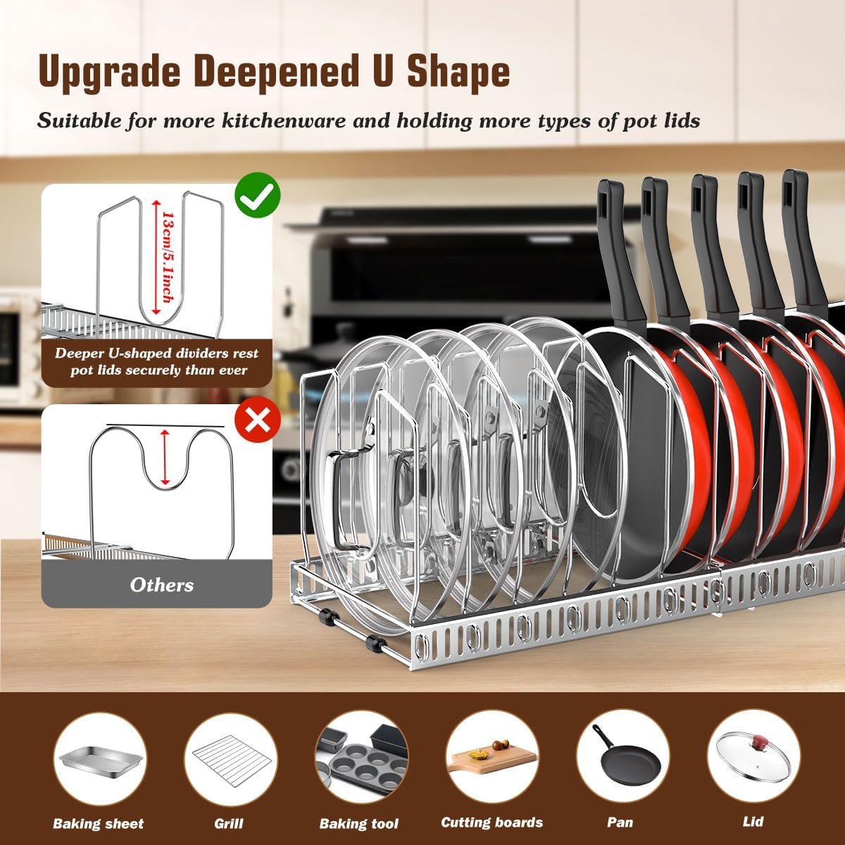 Pot Lid Organizer, Upgraded Expandable Pot and Pan Organizer with 14 Adjustable Dividers, Pot and Pan Storage Rack Lid Holder for Cabinet, Silver