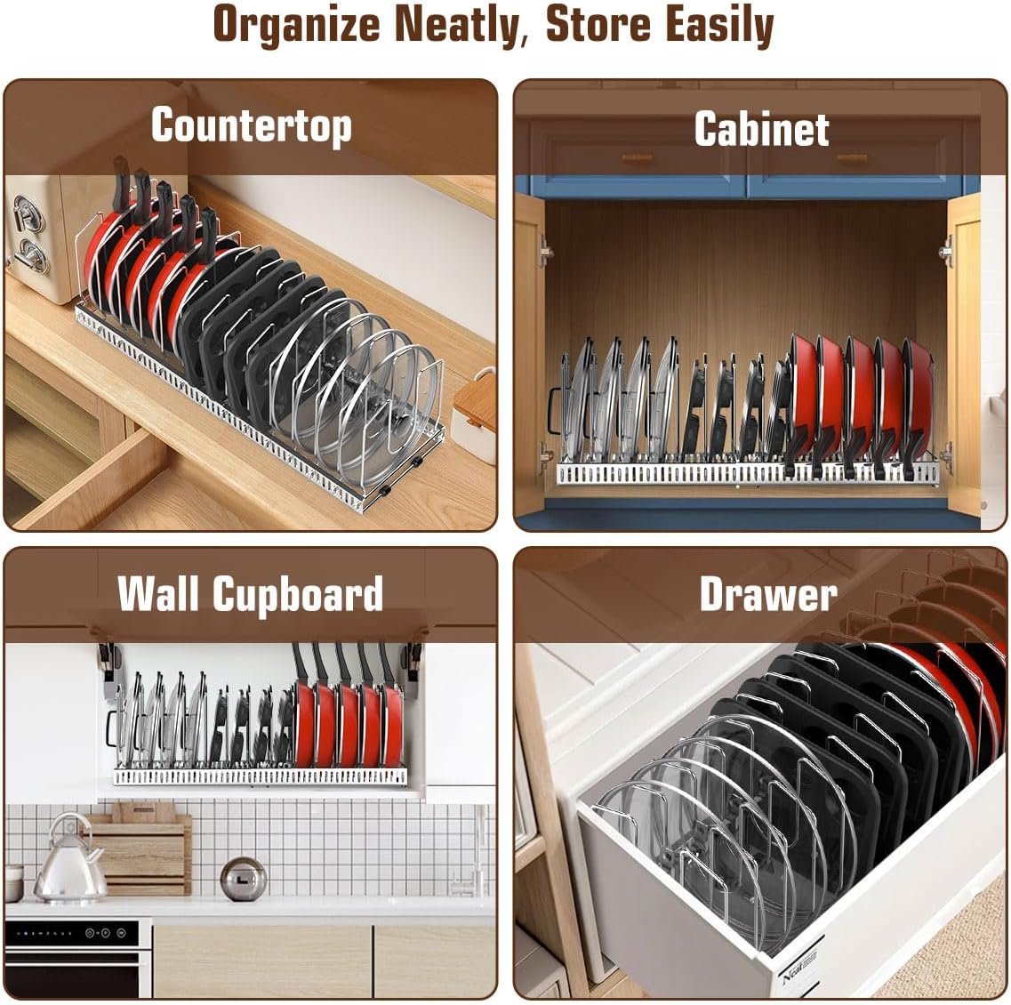 Pot Lid Organizer, Upgraded Expandable Pot and Pan Organizer with 14 Adjustable Dividers, Pot and Pan Storage Rack Lid Holder for Cabinet, Silver