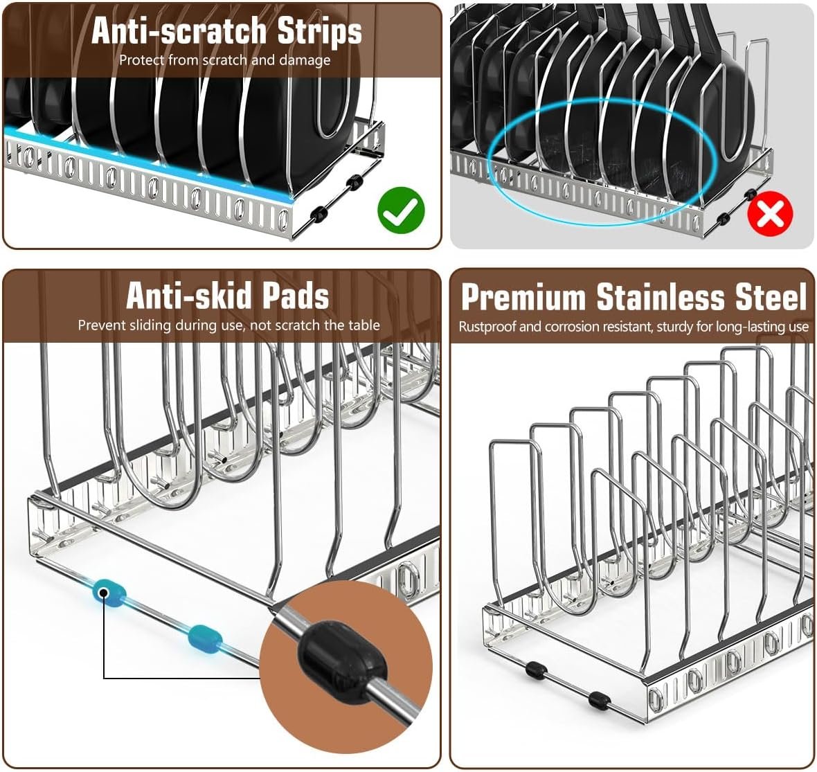 Pot Lid Organizer, Upgraded Expandable Pot and Pan Organizer with 14 Adjustable Dividers, Pot and Pan Storage Rack Lid Holder for Cabinet, Silver