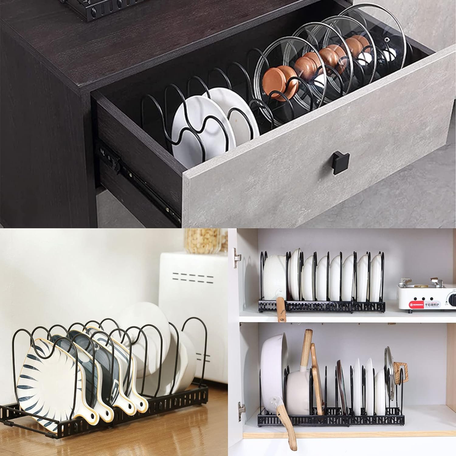 Pot Organizer Rack Expandable Pot Lid Organizer Holder with 10 Adjustable Compartment for Kitchen Cabinet Cookware Baking Frying Rack, Black