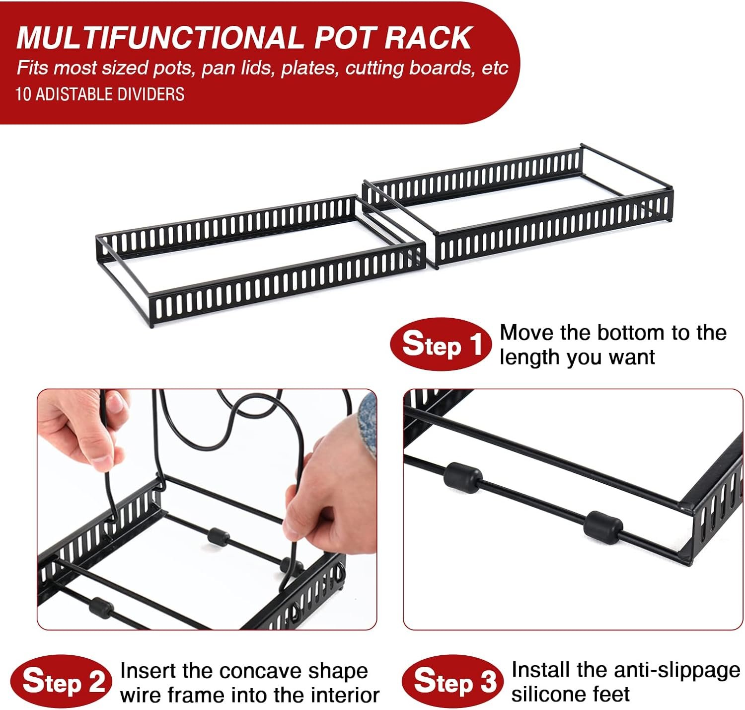Pot Organizer Rack Expandable Pot Lid Organizer Holder with 10 Adjustable Compartment for Kitchen Cabinet Cookware Baking Frying Rack, Black