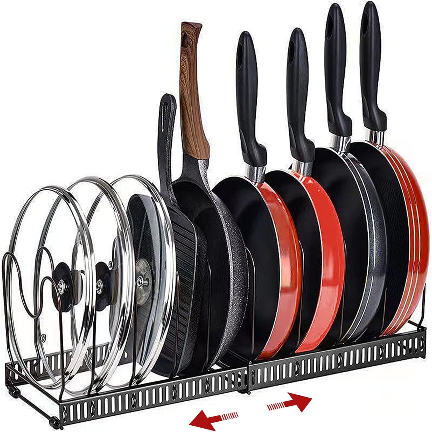 Pot Organizer Rack Expandable Pot Lid Organizer Holder with 10 Adjustable Compartment for Kitchen Cabinet Cookware Baking Frying Rack, Black