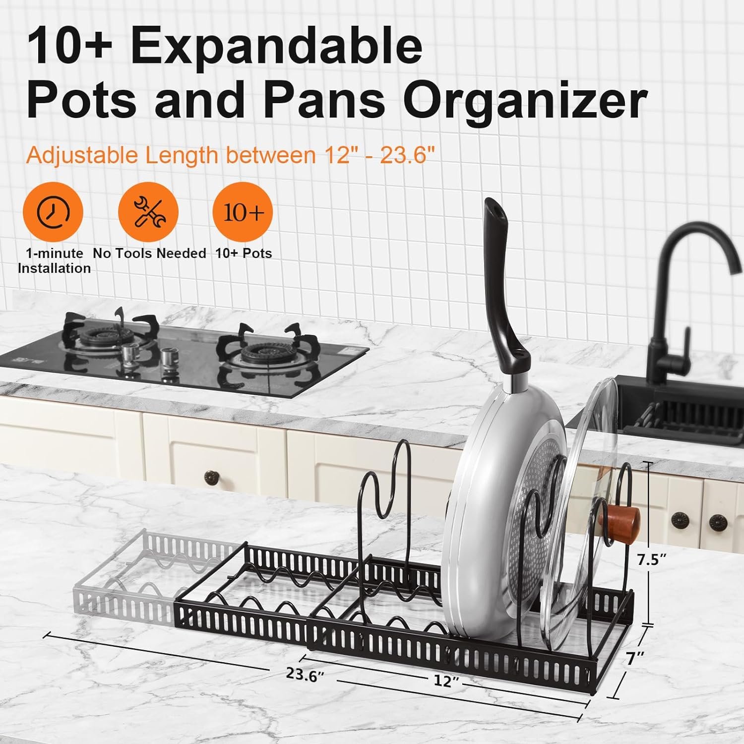 Pot Organizer Rack for Cabinet, Expandable Pot Racks, Pots and Pans Organizer for Kitchen Cabinet, 3 Easy DIY Methods Pot Rack Organizer, Pot Lid Holder with 10 Adjustable Compartments(Bronze)