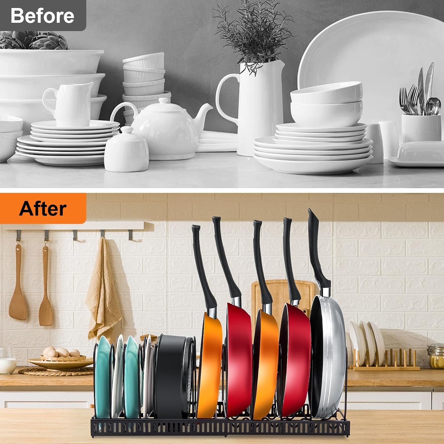 Pot Organizer Rack for Cabinet, Expandable Pot Racks, Pots and Pans Organizer for Kitchen Cabinet, 3 Easy DIY Methods Pot Rack Organizer, Pot Lid Holder with 10 Adjustable Compartments(Bronze)