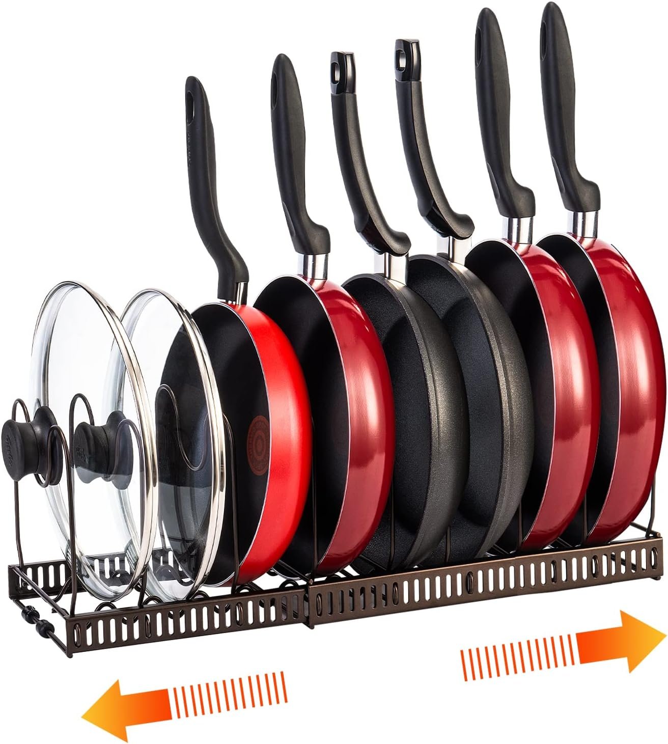 Pot Organizer Rack for Cabinet, Expandable Pot Racks, Pots and Pans Organizer for Kitchen Cabinet, 3 Easy DIY Methods Pot Rack Organizer, Pot Lid Holder with 10 Adjustable Compartments(Bronze)