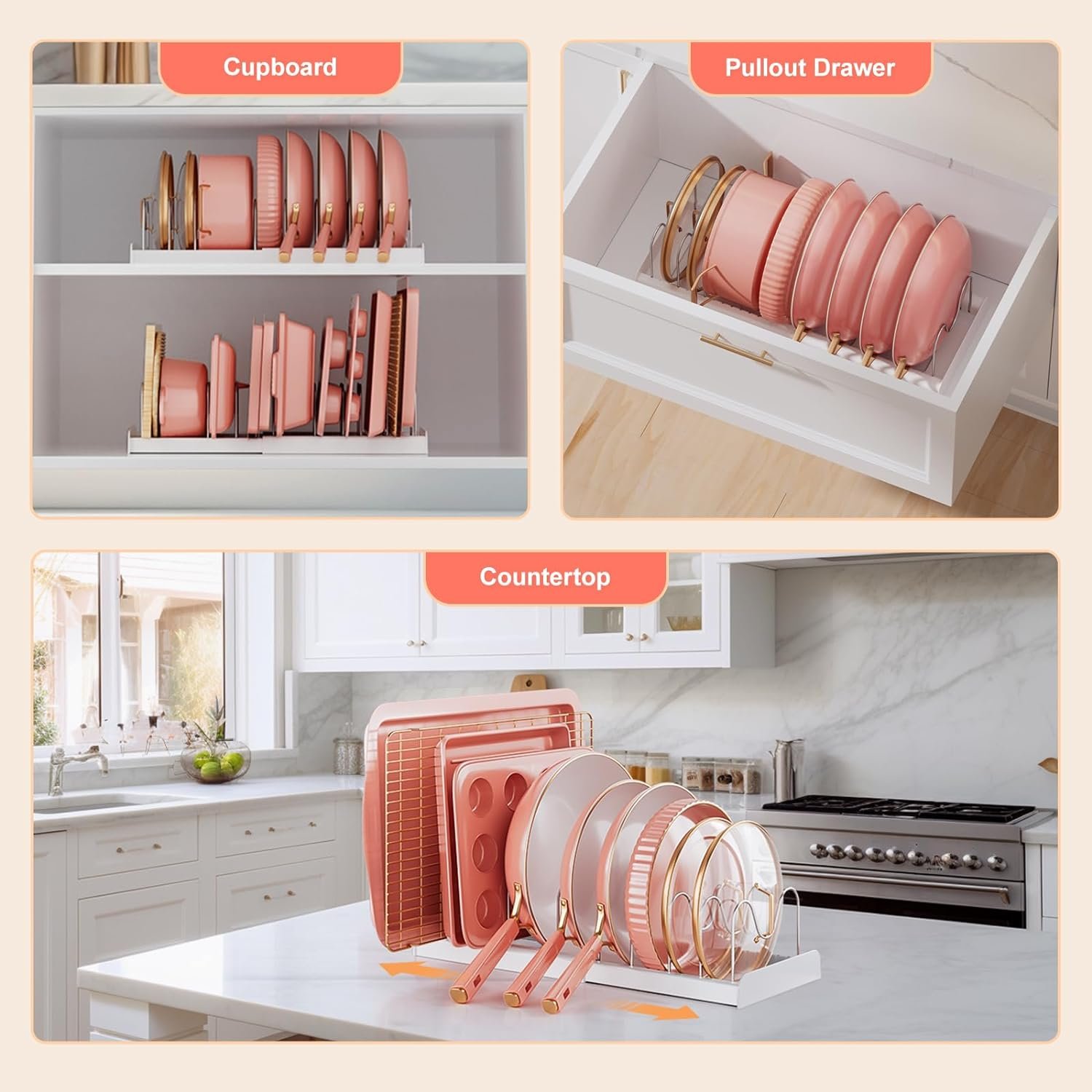 Pots and Pans Organizer - Expandable 10-Tier Pot Lid Organizer Holder Adjustable for Pot, Bakeware, Cutting Boards, Lid, Dishes Pots and Pans Organizer - Expandable 10-Tier Pot Lid Organizer Holder Adjustable for Pot, Bakeware, Cutting Boards, Lid, Dishes