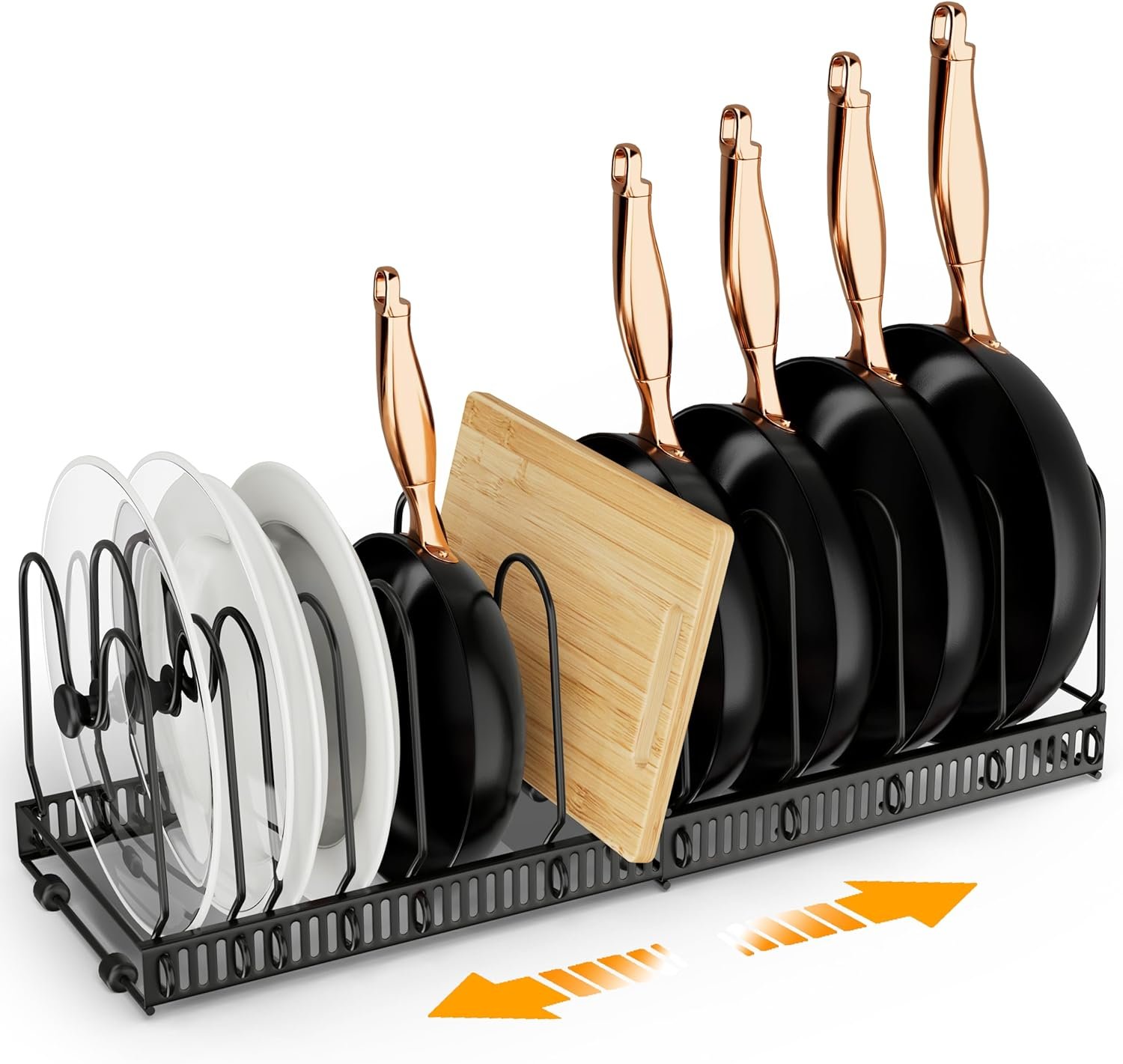 Pots and Pans Organizer, Expandable Kitchen Organizer Rack Holder with 11 Dividers - Under Cabinet Storage for Pots, Pans, Lids, Bakeware