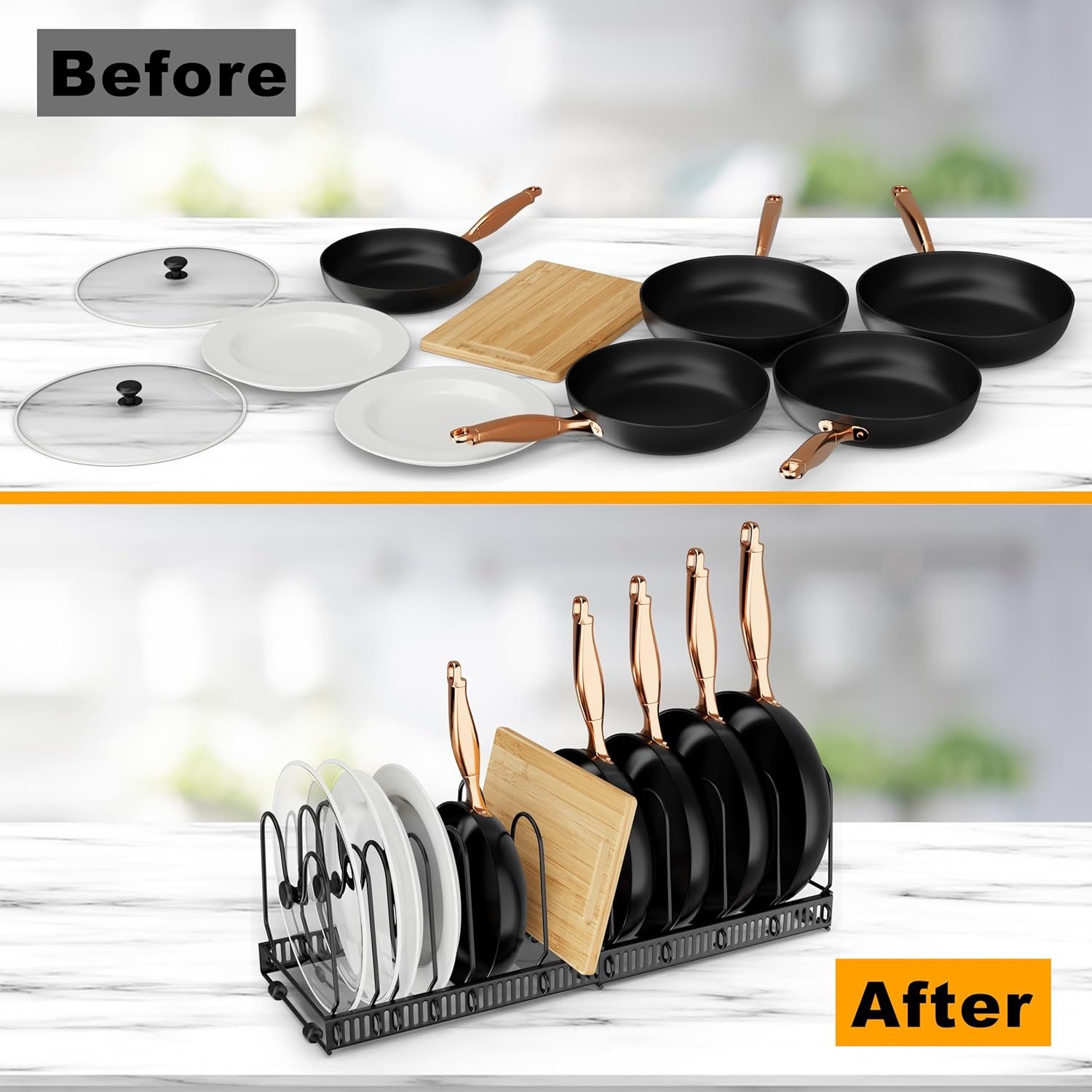 Pots and Pans Organizer, Expandable Kitchen Organizer Rack Holder with 11 Dividers - Under Cabinet Storage for Pots, Pans, Lids, Bakeware