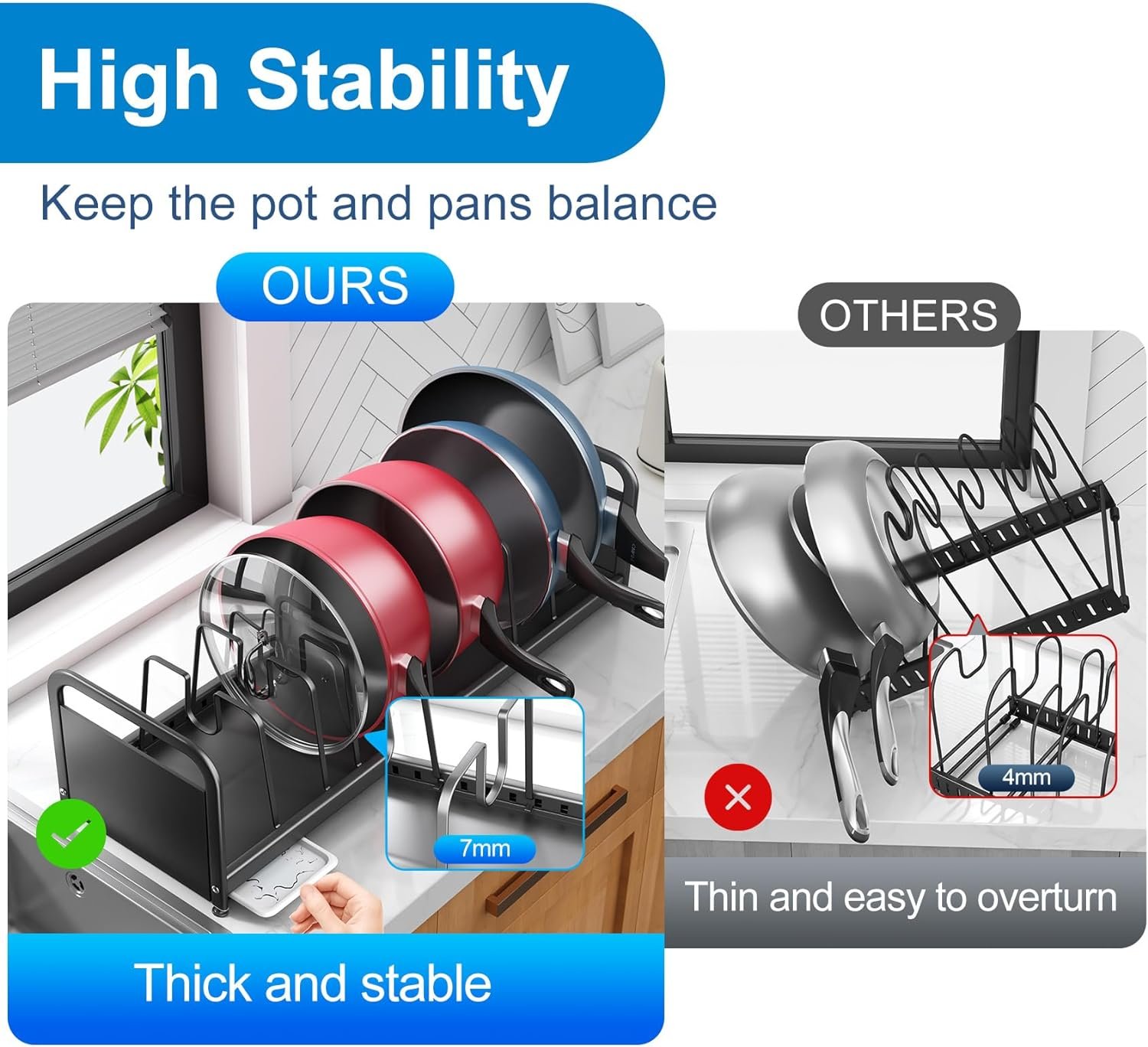 Pots and Pans Organizer, Expandable Pot and Pan Organizer for Cabinet with Drain Board,Heavy Duty Plate Pot Lid Organizer Rack Holder for Countertops, Kitchen Pantry Cookware Organizer and Storage Pots and Pans Organizer, Expandable Pot and Pan Organizer for Cabinet with Drain Board,Heavy Duty Plate Pot Lid Organizer Rack Holder for Countertops, Kitchen Pantry Cookware Organizer and Storage