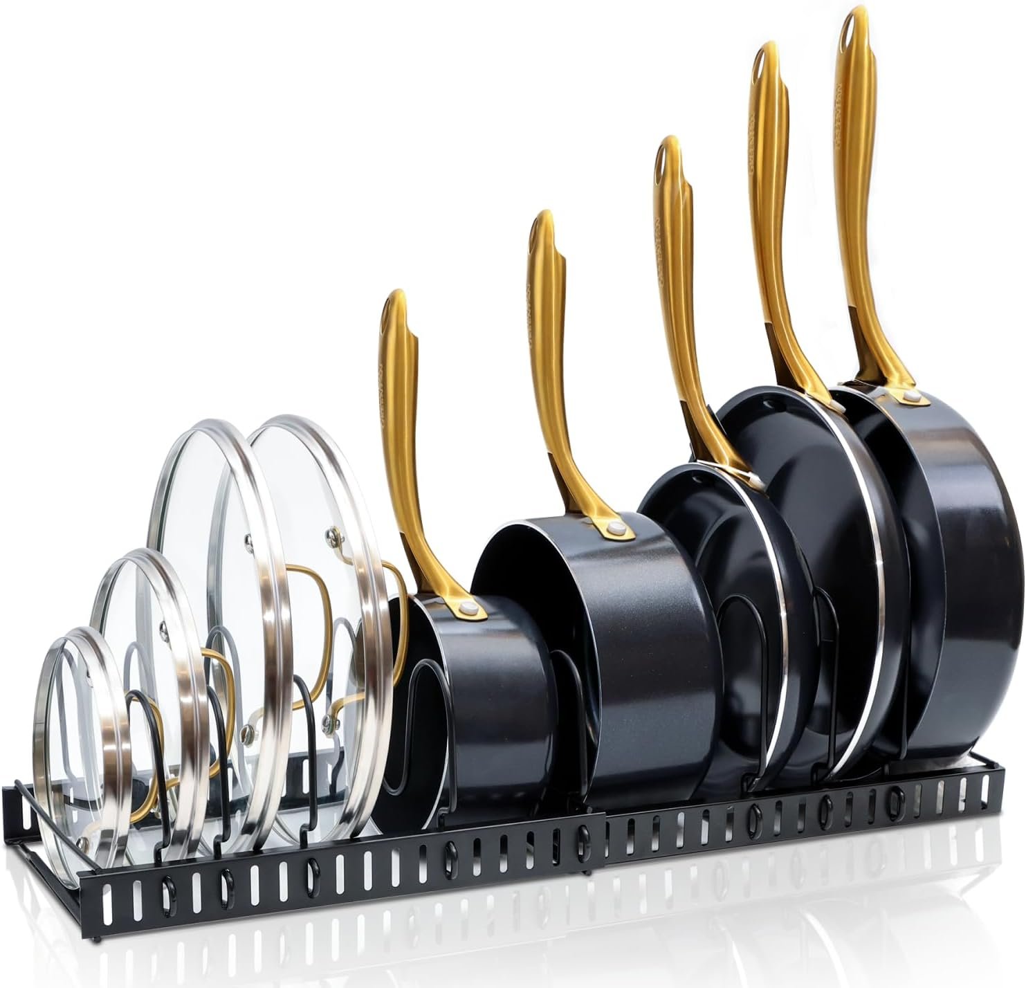 Pots and Pans Organizer for Cabinet - Expandable Pan Organizer | Pot Lid Holder with 10 Adjustable Compartment for Kitchen Cabinet Organization  Storage Pots and Pans Organizer for Cabinet - Expandable Pan Organizer | Pot Lid Holder with 10 Adjustable Compartment for Kitchen Cabinet Organization  Storage