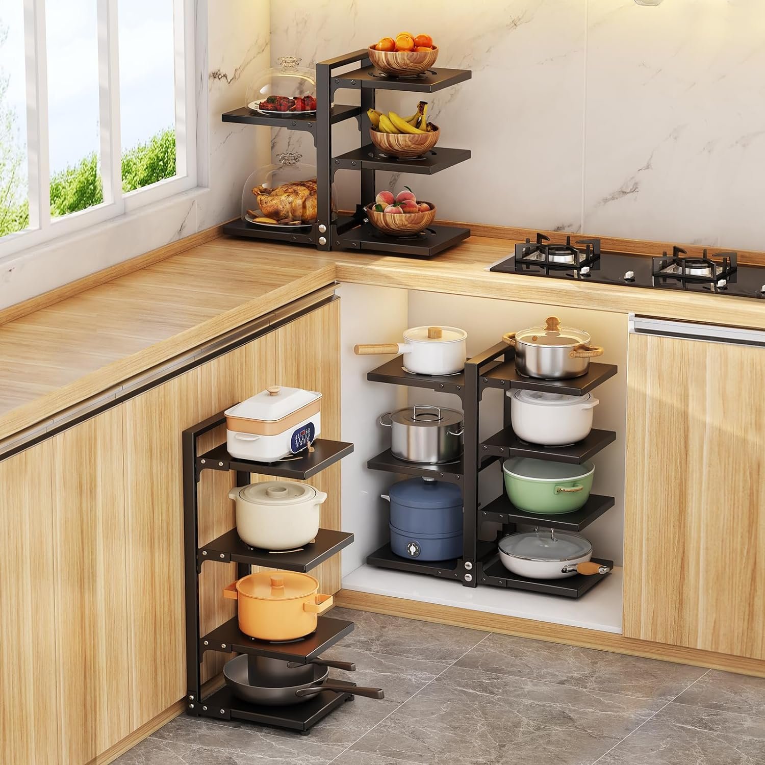 Pots and Pans Organizer Under Cabinet - 7 Tier Pot and Pan Organizer Inside Cabinet, Heavy Duty Kitchen Cabinet Organizer, Height Adjustable Pot Organizer Pan Storage for Kitchen