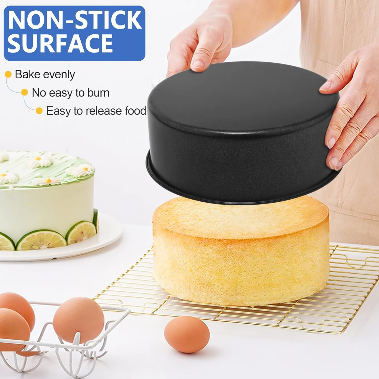 PP CHEF 8 x 3 Inch Nonstick Cake Pan Set of 2, Round Cake Baking Pans for Birthday Wedding Layer Cake, Deep Side  One-piece Design, Stainless Steel Core  Non Toxic, Black