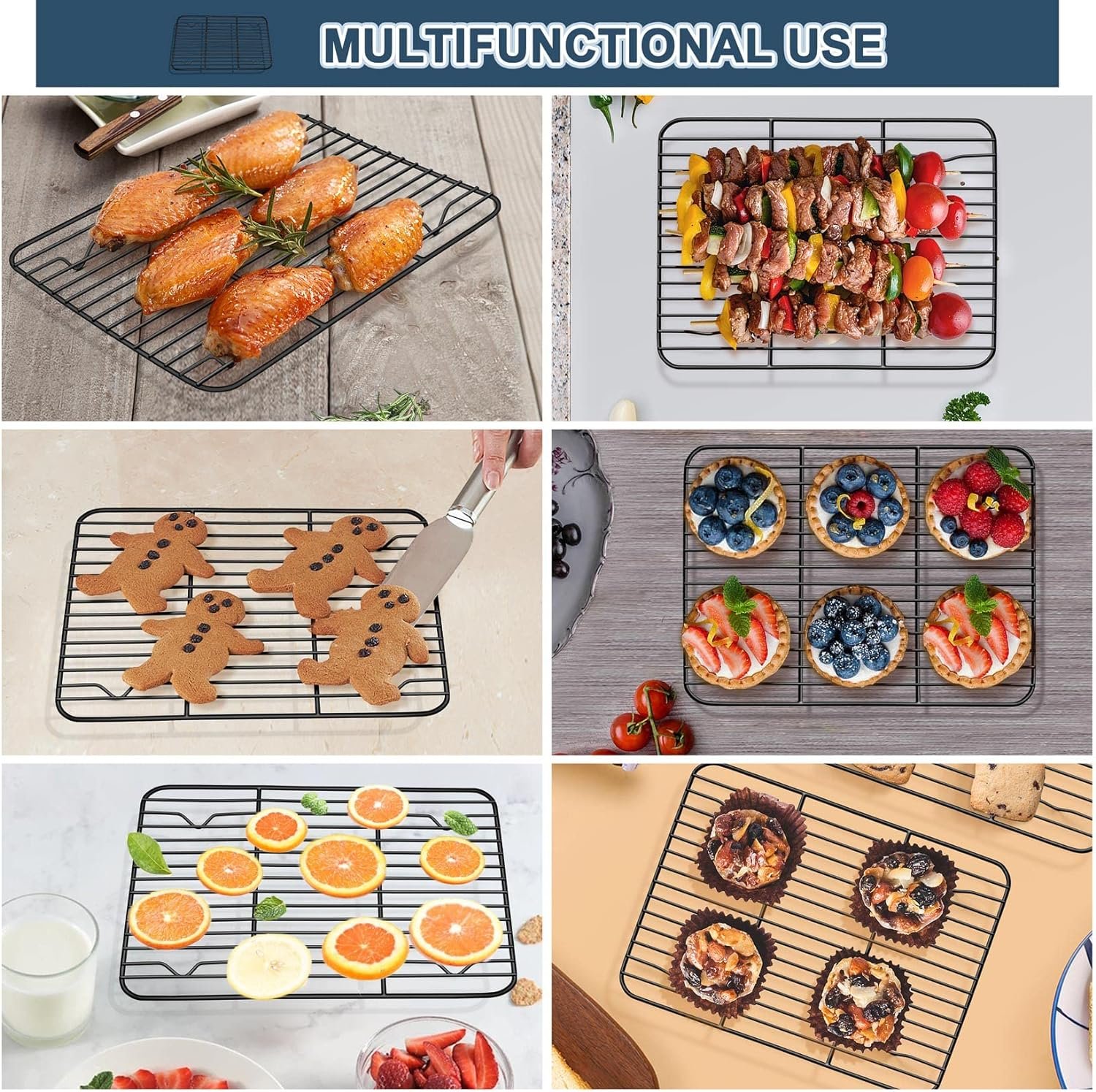 PP CHEF Baking Rack Set of 2, Non-stick Mini Cooling Racks for Cooking Grilling, 2 Pack 8.6” x 6.2” Roasting Drying Rack for Small Toaster Oven Use, Stainless Steel Core, Non-toxic  Easy to Clean