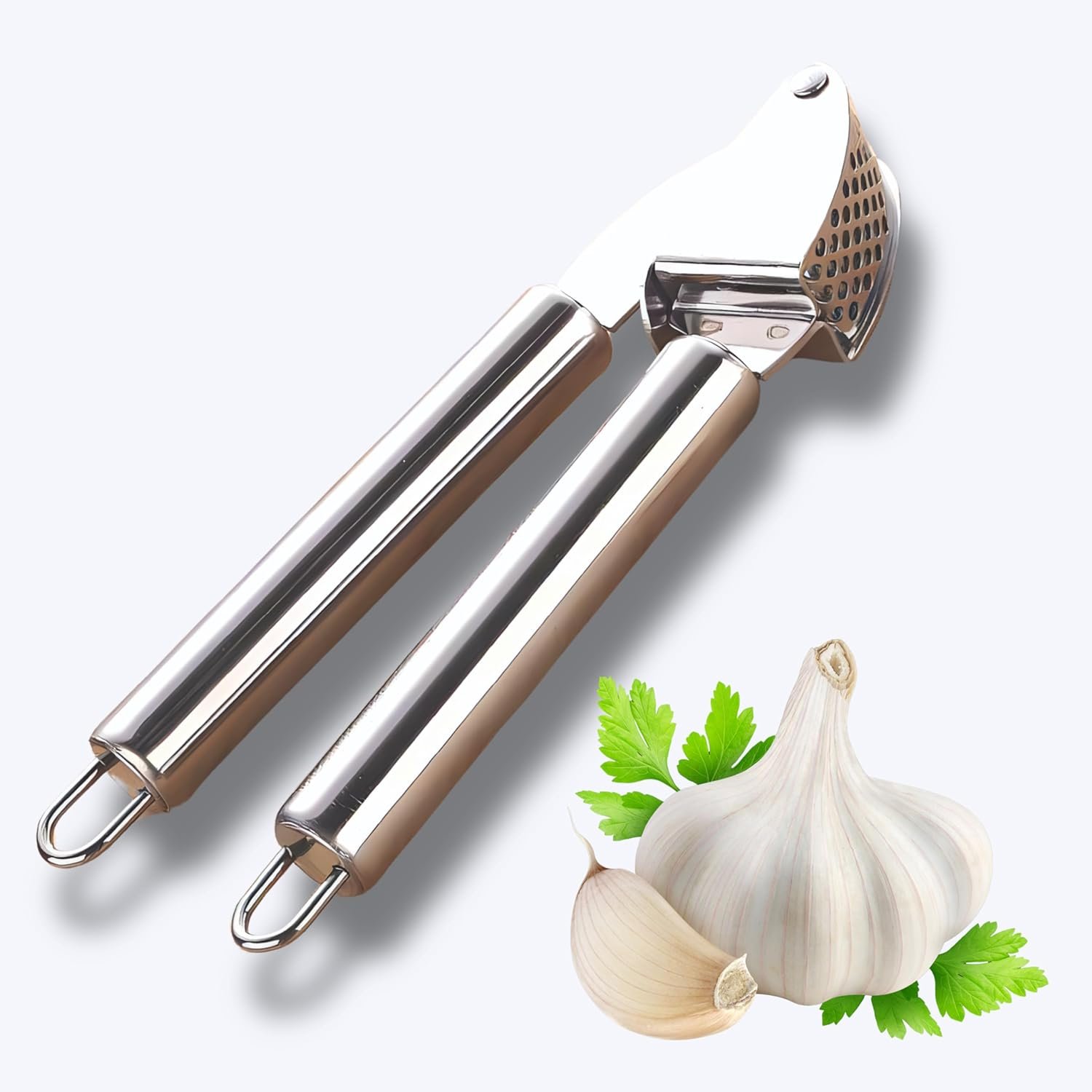 Premium Garlic Press Stainless Steel - Easy Squeeze with Good Grip, Dishwasher Safe - Professional Grade Garlic Crusher Easy to Clean - Effortless Handling and Multiple Uses.