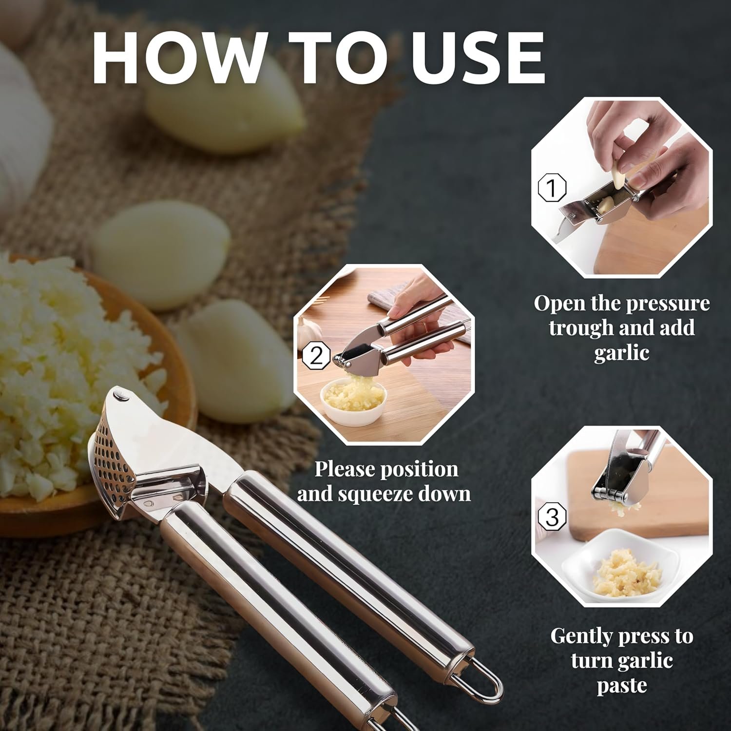 Premium Garlic Press Stainless Steel - Easy Squeeze with Good Grip, Dishwasher Safe - Professional Grade Garlic Crusher Easy to Clean - Effortless Handling and Multiple Uses.