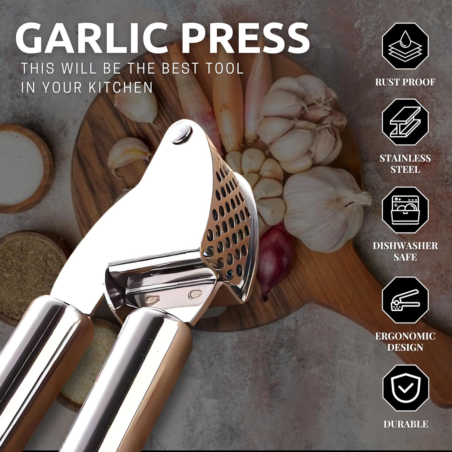 Premium Garlic Press Stainless Steel - Easy Squeeze with Good Grip, Dishwasher Safe - Professional Grade Garlic Crusher Easy to Clean - Effortless Handling and Multiple Uses.