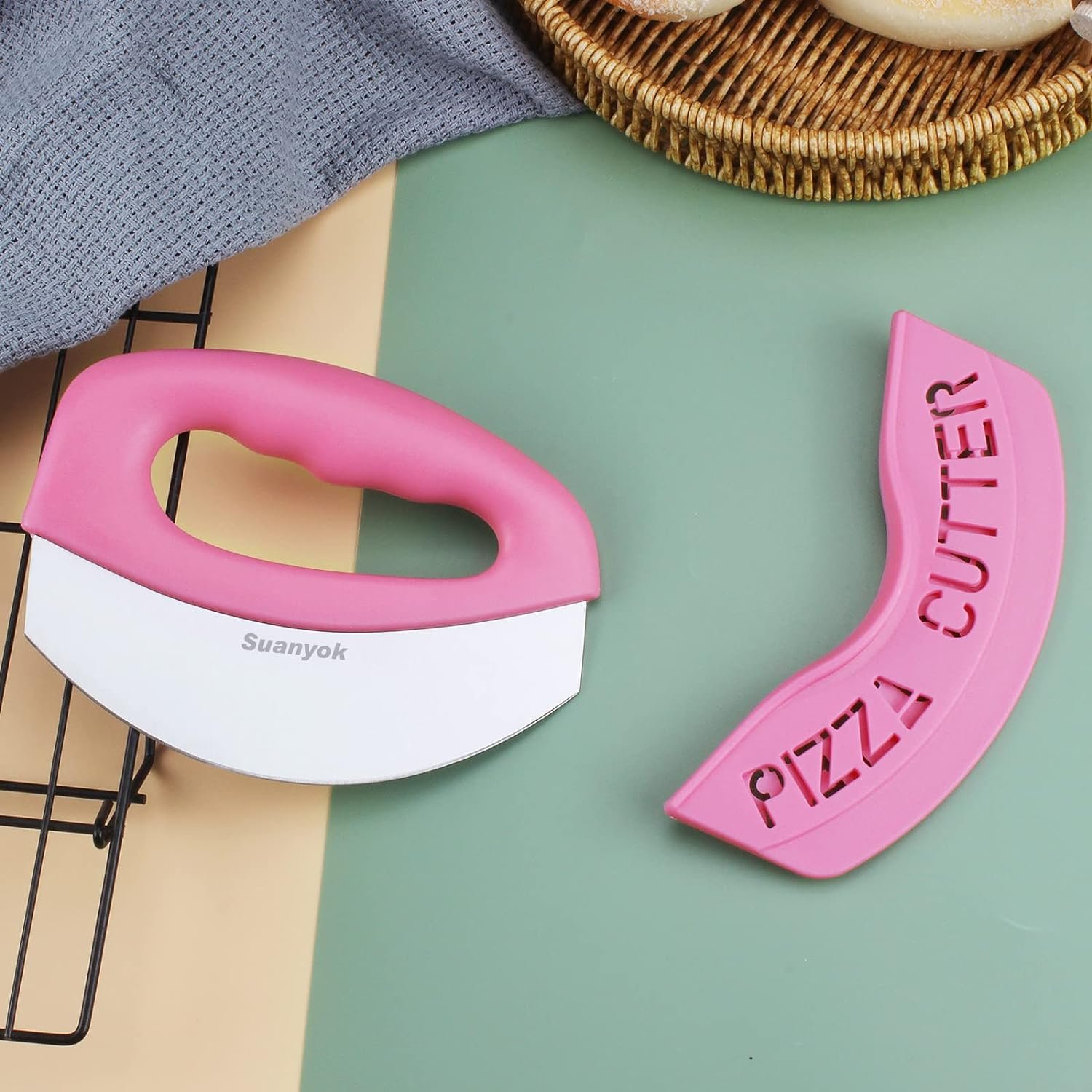 Premium Pizza Cutter Food Chopper-Super Sharp Blade Stainless Steel Pizza Cutter Rocker Slicer with Protective Sheath Multi Function Pizza Knife Kitchen Tools,Dishwasher Safe (Yellow)