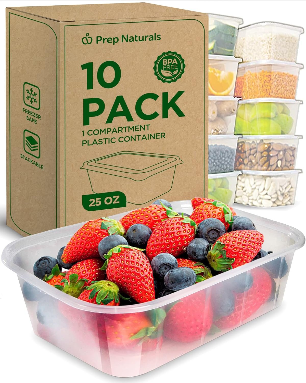 PrepNaturals 10 Pack Meal Prep Containers - 10 Pack of 25 Oz 100% BPA-free Plastic Food Storage Containers with Lids - Reusable Plastic Containers with Lids - Dishwasher Safe Lunch Containers