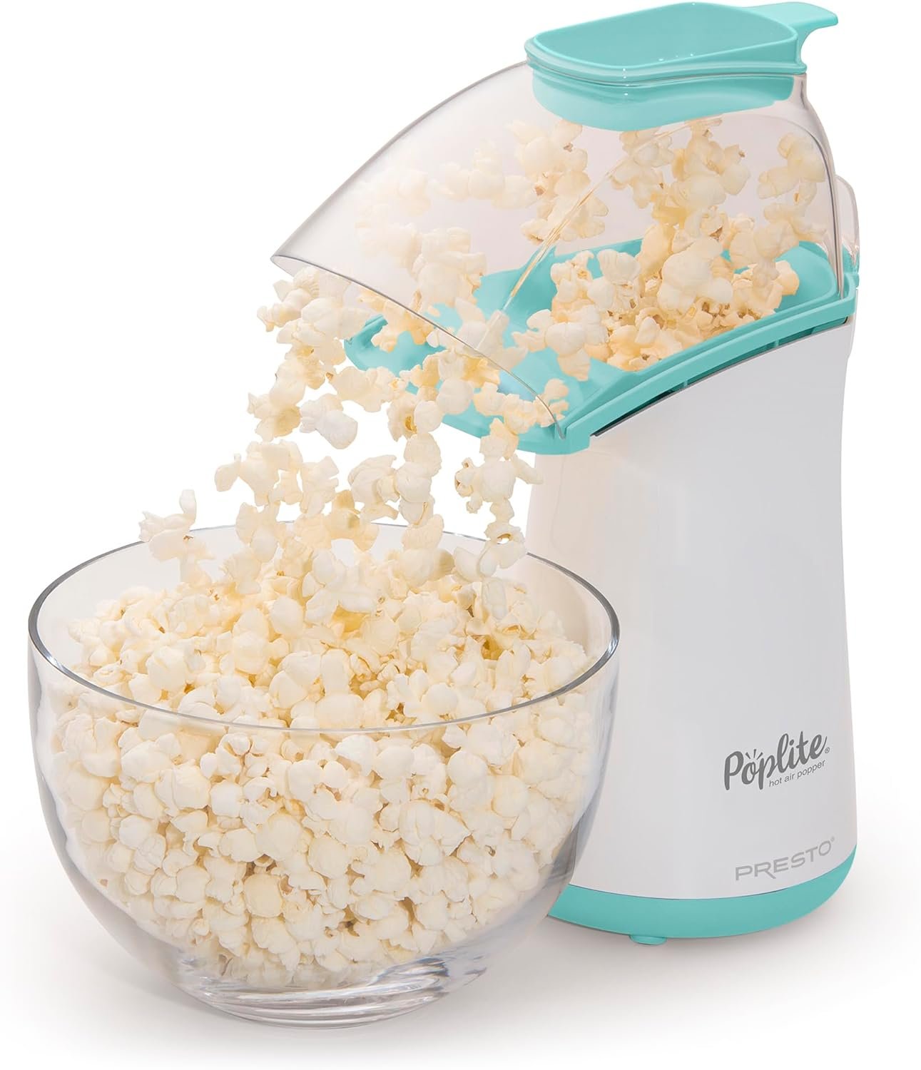 Presto 04869 PopLite Hot Air Popcorn Popper - Built-In Measuring Cup + Melts Butter, Easy to Clean, Built-In Cord Wrap, 18 Cups, Aqua/White