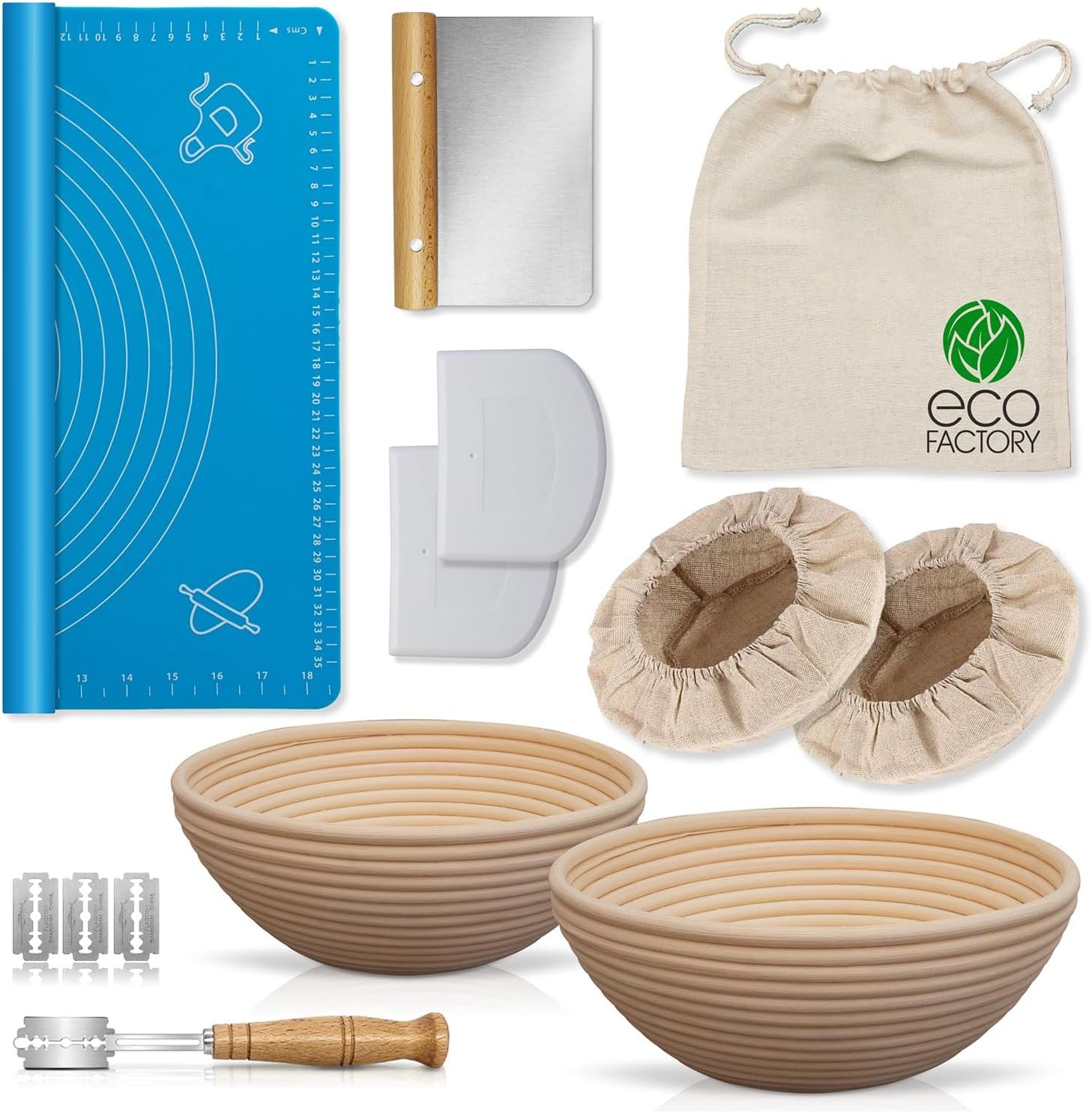 Professional Bread Proofing Basket Set of 2-9 inch Round Baskets - Sourdough Bread Making Kit - 100% Natural Indonesian Rattan - Stainless Steel Accessories - Designed in Switzerland