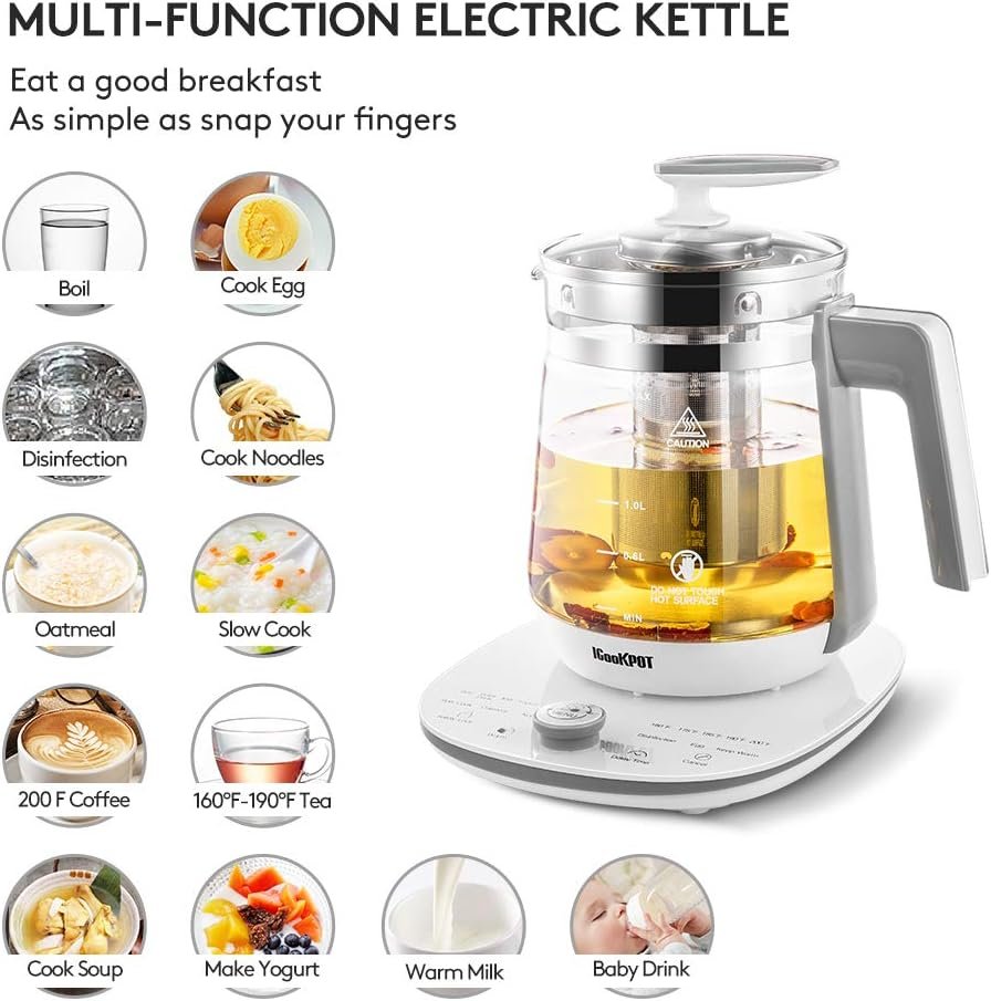 Programmable Electric Glass Kettle - 2 Liter Stainless Steel Tea Maker and Yogurt Maker with Tea Infuser, Egg Cooker and Temperature Control, WHITE