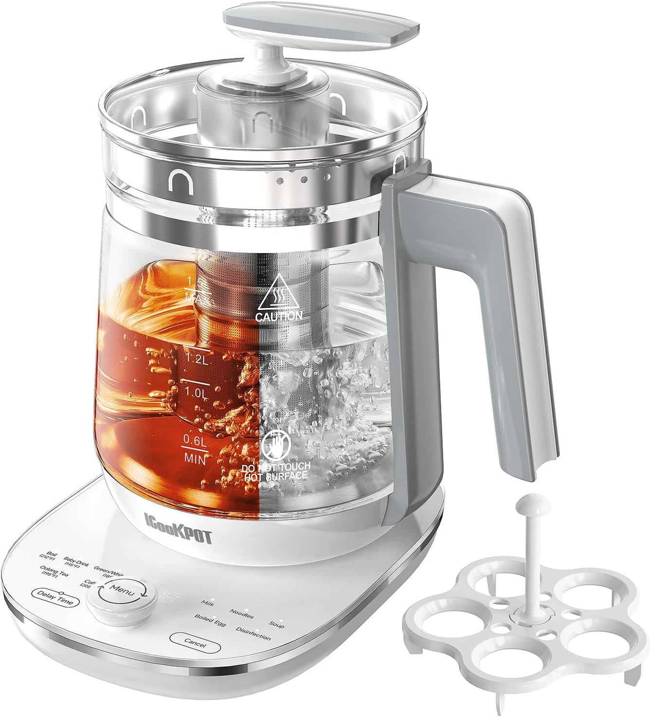 Programmable Electric Glass Kettle - 2 Liter Stainless Steel Tea Maker and Yogurt Maker with Tea Infuser, Egg Cooker and Temperature Control, WHITE