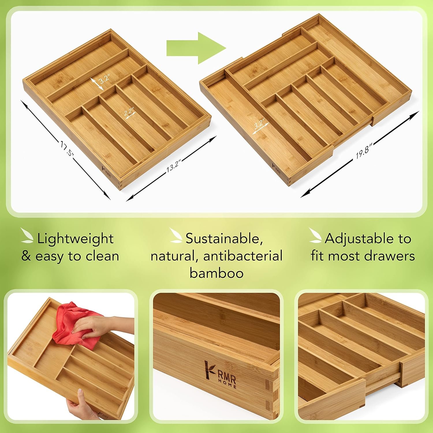 Purawood Large Premium Bamboo Silverware Organizer - Expandable Drawer Organizer Utensil Organizer - 17.5x19.75 Cutlery Tray with Dividers for Kitchen Utensils and Flatware (7-9 Slots) (Natural) Purawood Large Premium Bamboo Silverware Organizer - Expandable Drawer Organizer Utensil Organizer - 17.5x19.75 Cutlery Tray with Dividers for Kitchen Utensils and Flatware (7-9 Slots) (Natural)