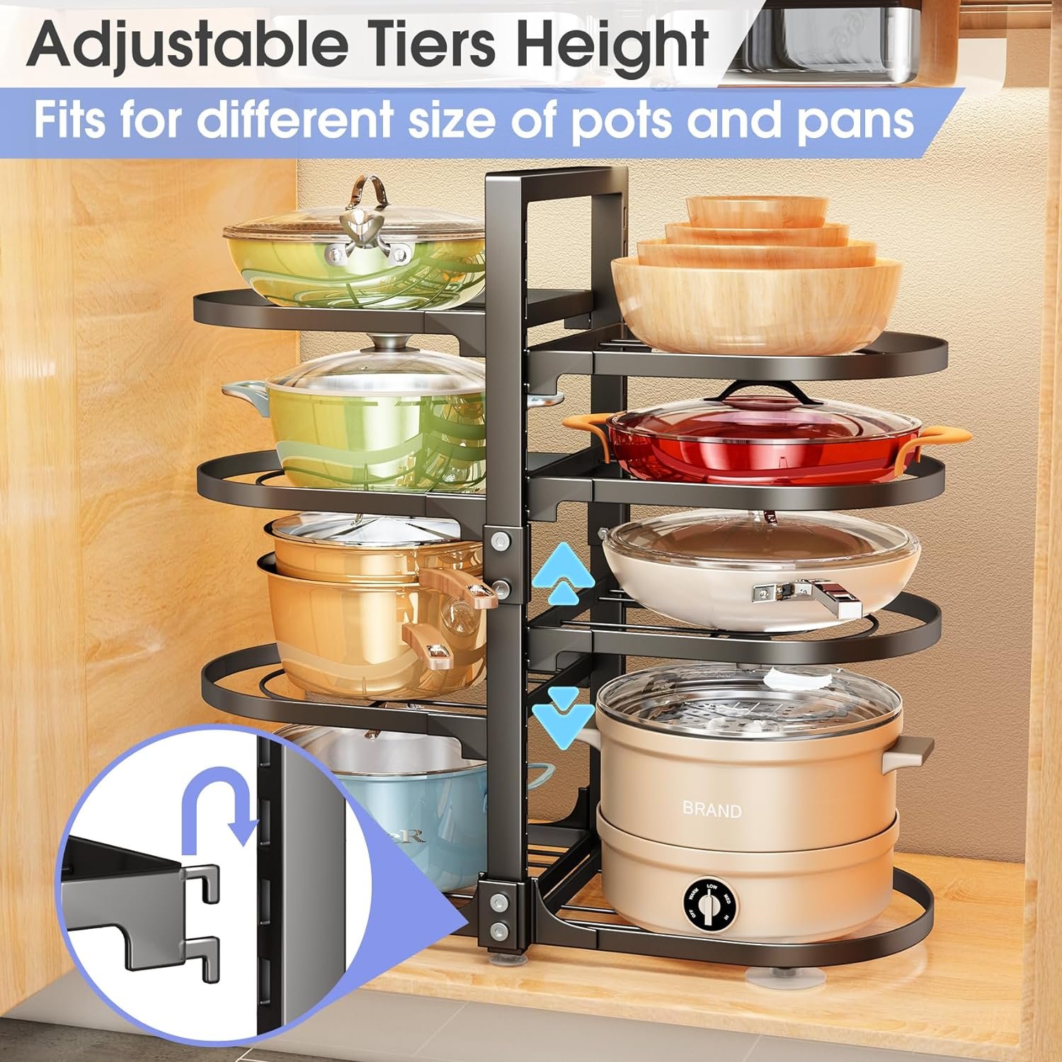 PXRACK Pots and Pans Organizer for Cabinet, 8 Tier Adjustable Pot and Pan Organizer Rack for Kitchen Under Cabinet Storage  Organization, Heavy Duty 21 Height Pan Organizer for Heavy Cookware