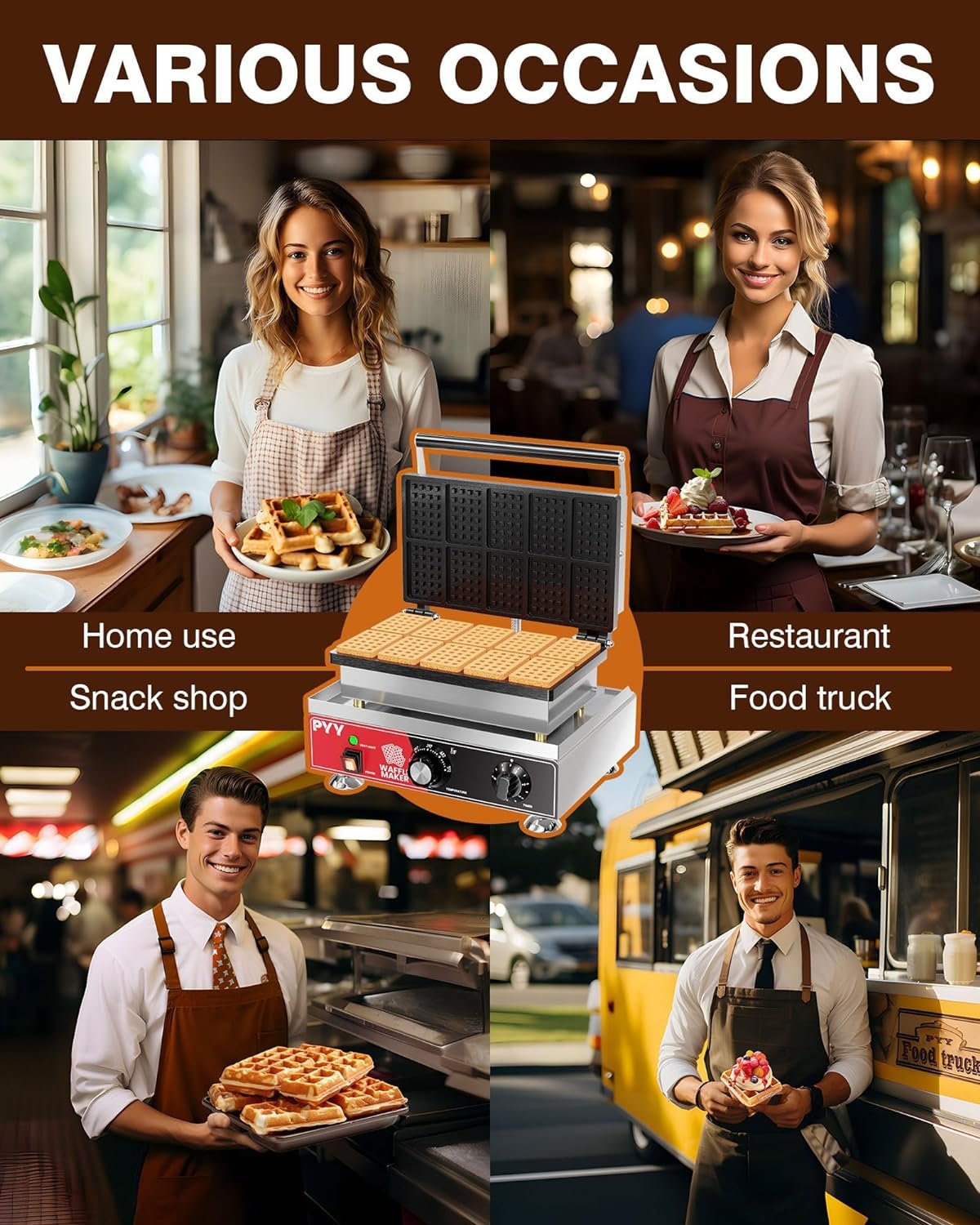 PYY Commercial Waffle Maker Waffle Maker Large Stainless Steel Waffle Maker Silver Non-stick Electric Chaffle Maker for Restaurant Party Food Stall