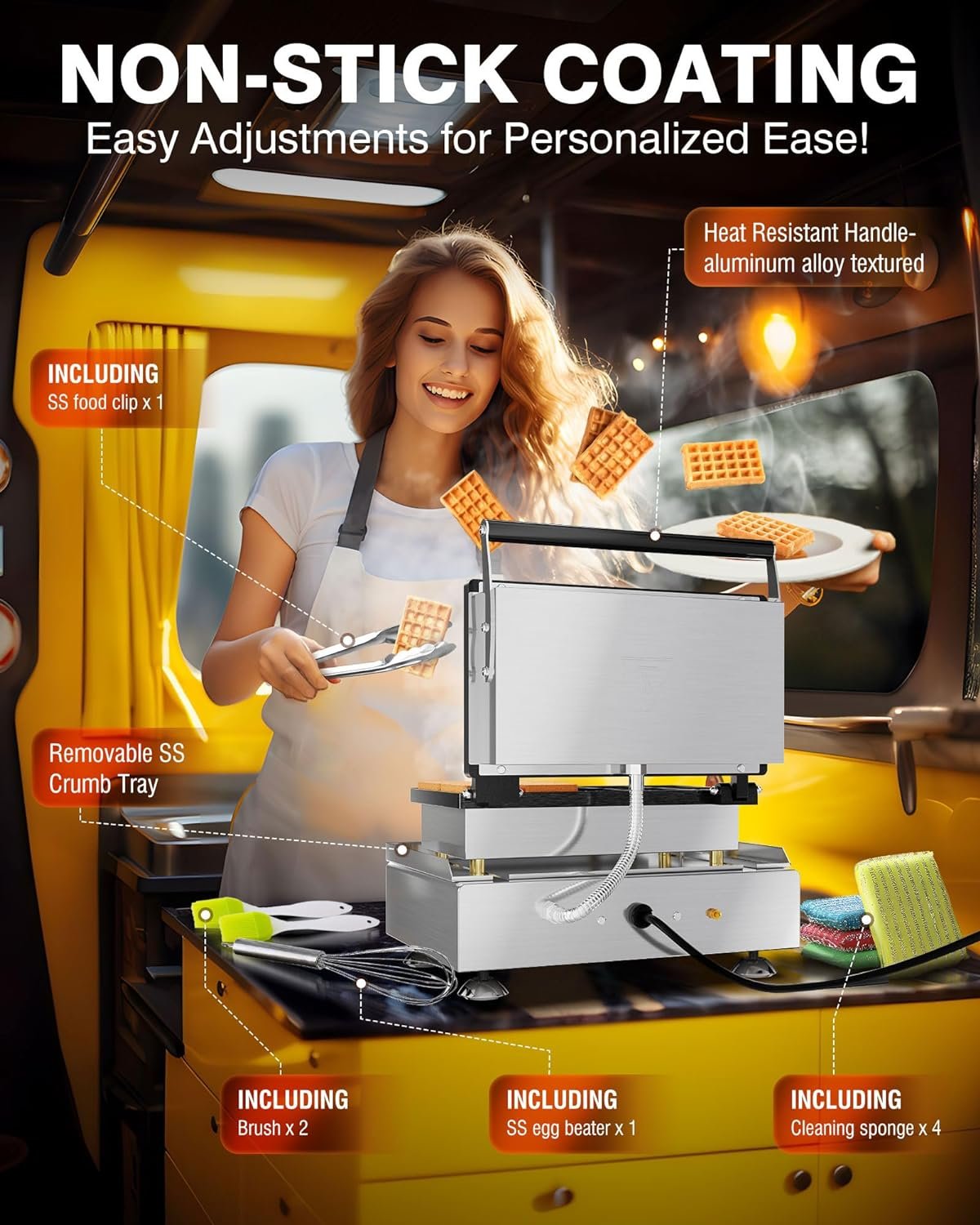 PYY Commercial Waffle Maker Waffle Maker Large Stainless Steel Waffle Maker Silver Non-stick Electric Chaffle Maker for Restaurant Party Food Stall