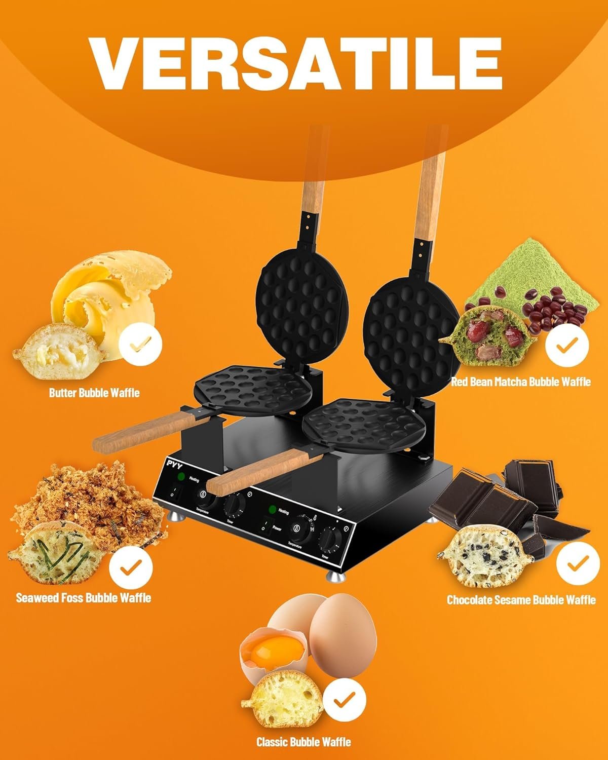 PYY Double Bubble Waffle Maker Commercial Waffle Maker Non-stick Hong Kong Egg Waffle Maker for Home Use Stainless Steel Pancake Maker 180° rotate, 1500W 110V Electric Cone Maker 50-250℃/122-482℉