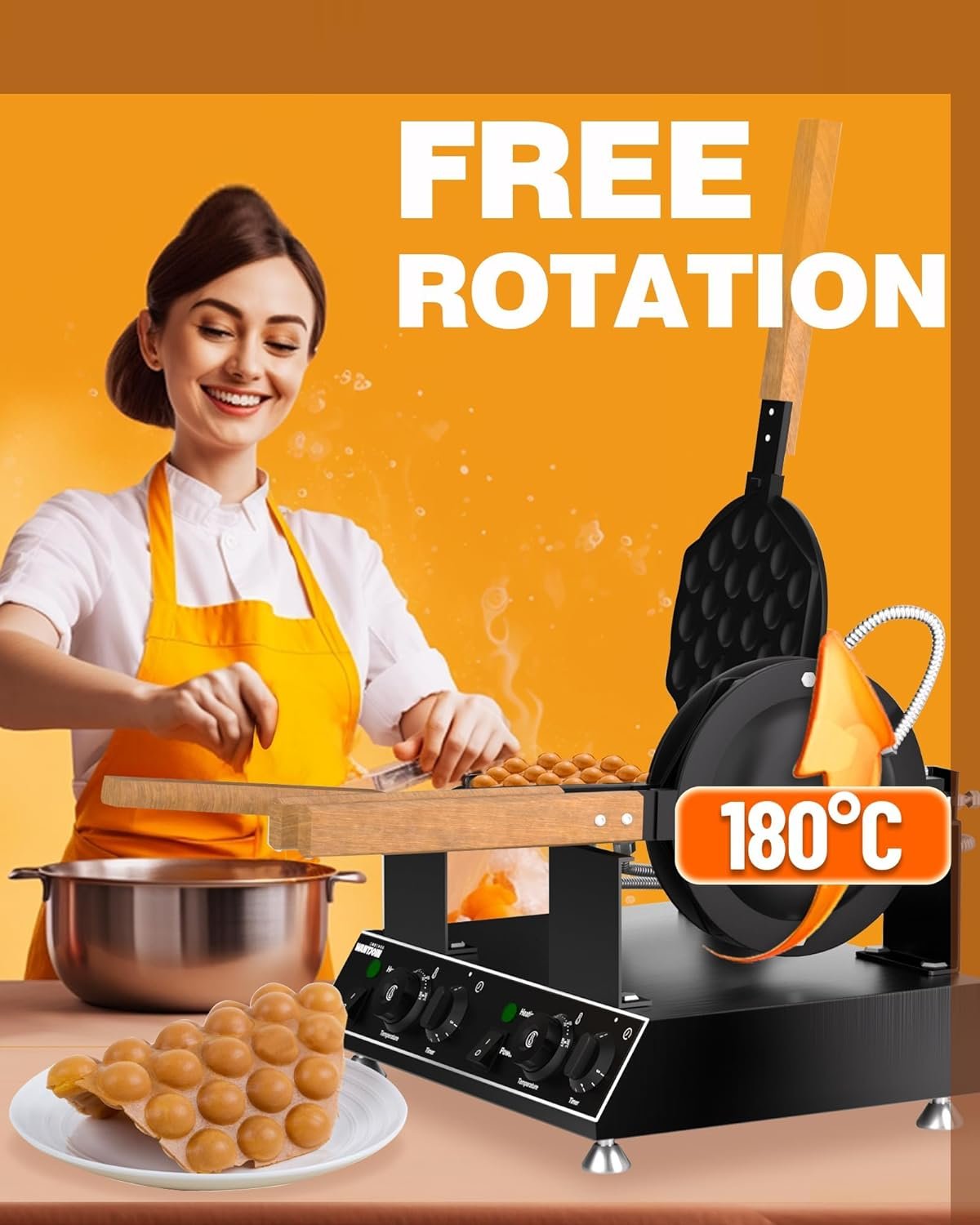 PYY Double Bubble Waffle Maker Commercial Waffle Maker Non-stick Hong Kong Egg Waffle Maker for Home Use Stainless Steel Pancake Maker 180° rotate, 1500W 110V Electric Cone Maker 50-250℃/122-482℉