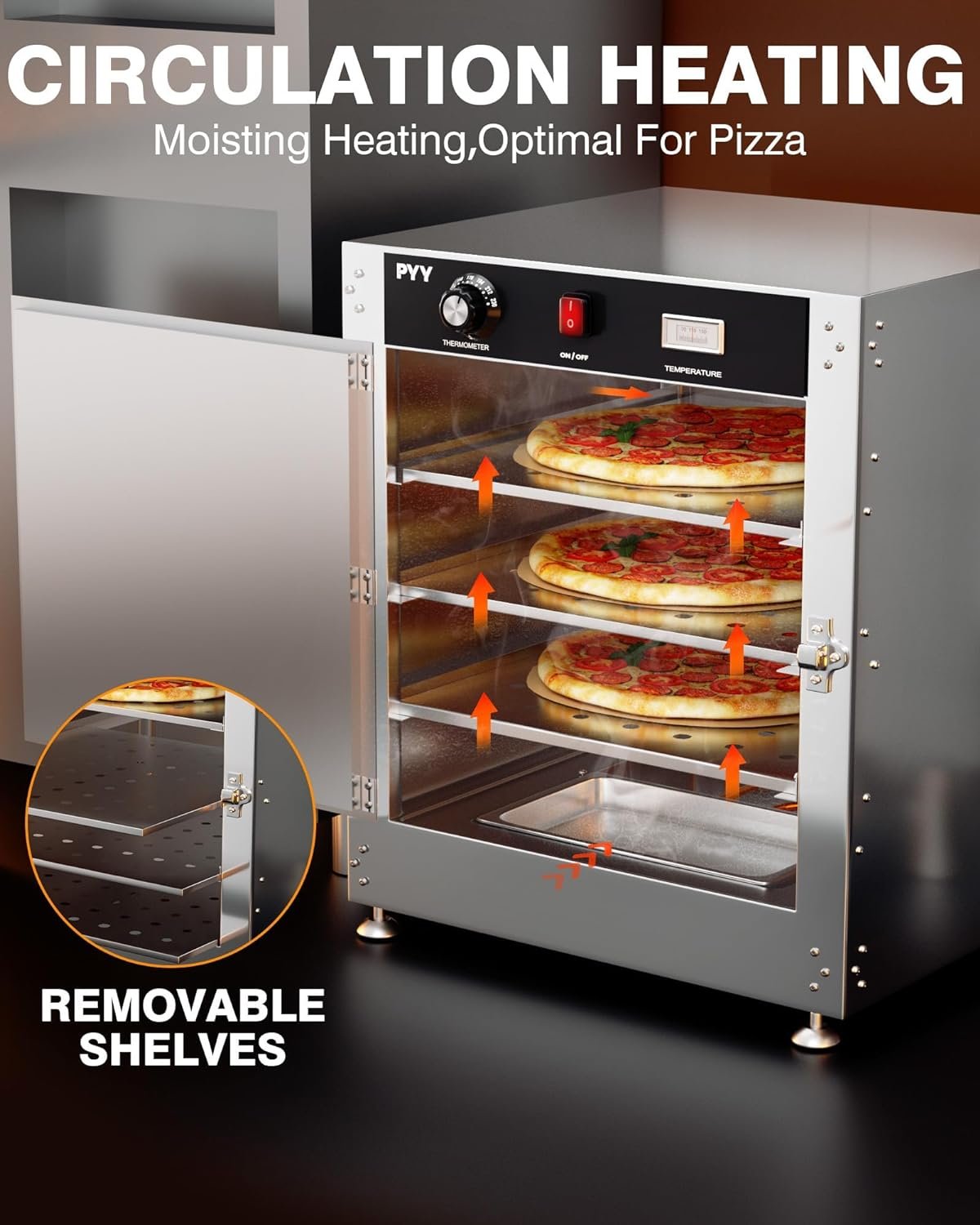 PYY Warming Cabinet 4 Tier Commercial Hot Box Food Warmer for Catering, with Temperature Control and Water Pan,Stainless Steel Food Heater Insulated Food Pan Carrier, for Pizza, Kitchen 120V 750W