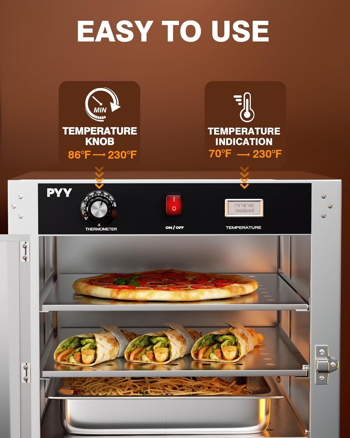 PYY Warming Cabinet 4 Tier Commercial Hot Box Food Warmer for Catering, with Temperature Control and Water Pan,Stainless Steel Food Heater Insulated Food Pan Carrier, for Pizza, Kitchen 120V 750W