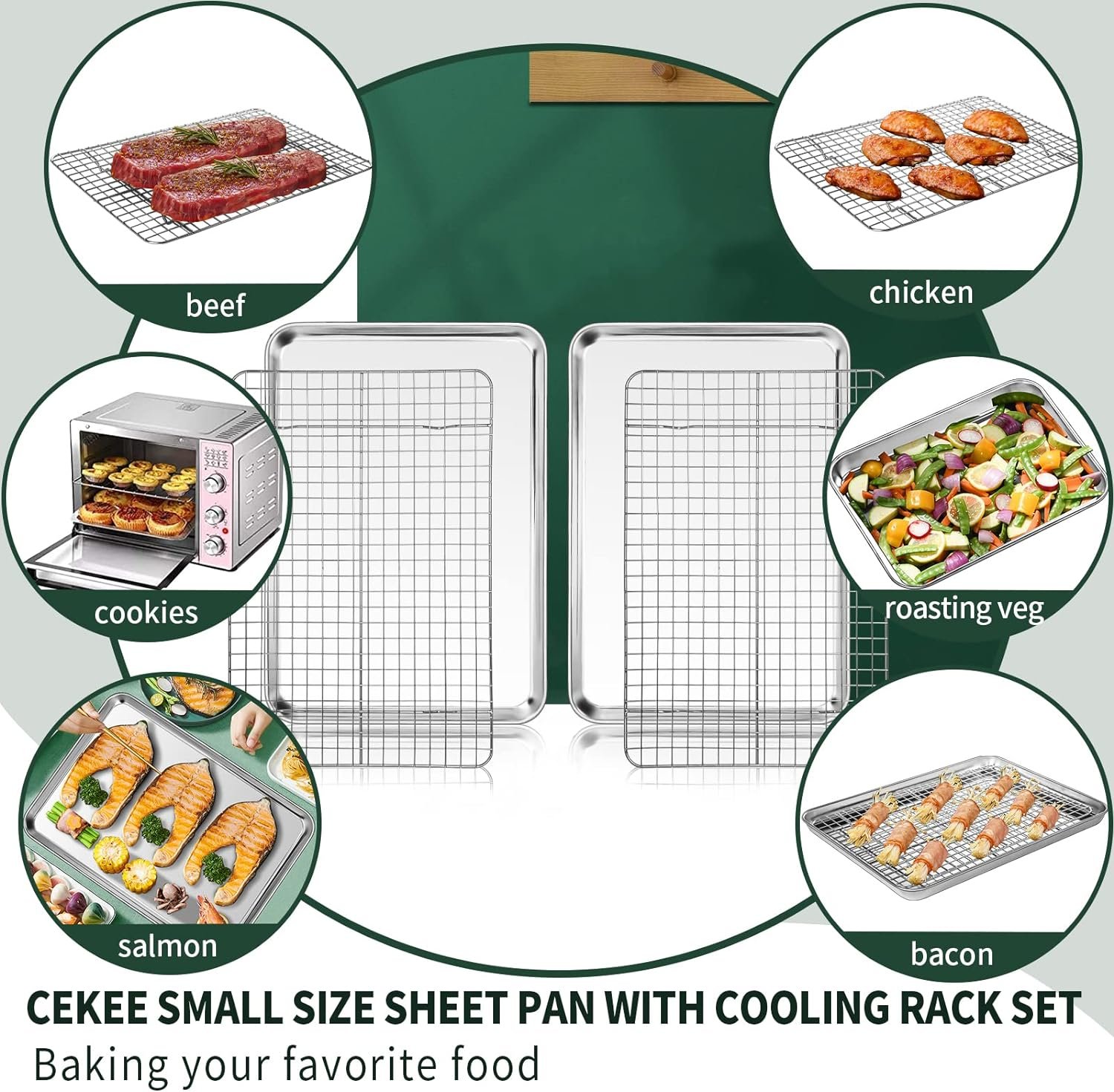 Quarter Sheet Pan with Cooling Rack Set [2 Baking Sheets + 2 Baking Racks], CEKEE Stainless Steel Cookie Sheets for Baking and Wire Rack - Rust  Warp Resistant  Nonstick, Size 12 x 9.8 x 1 Inch