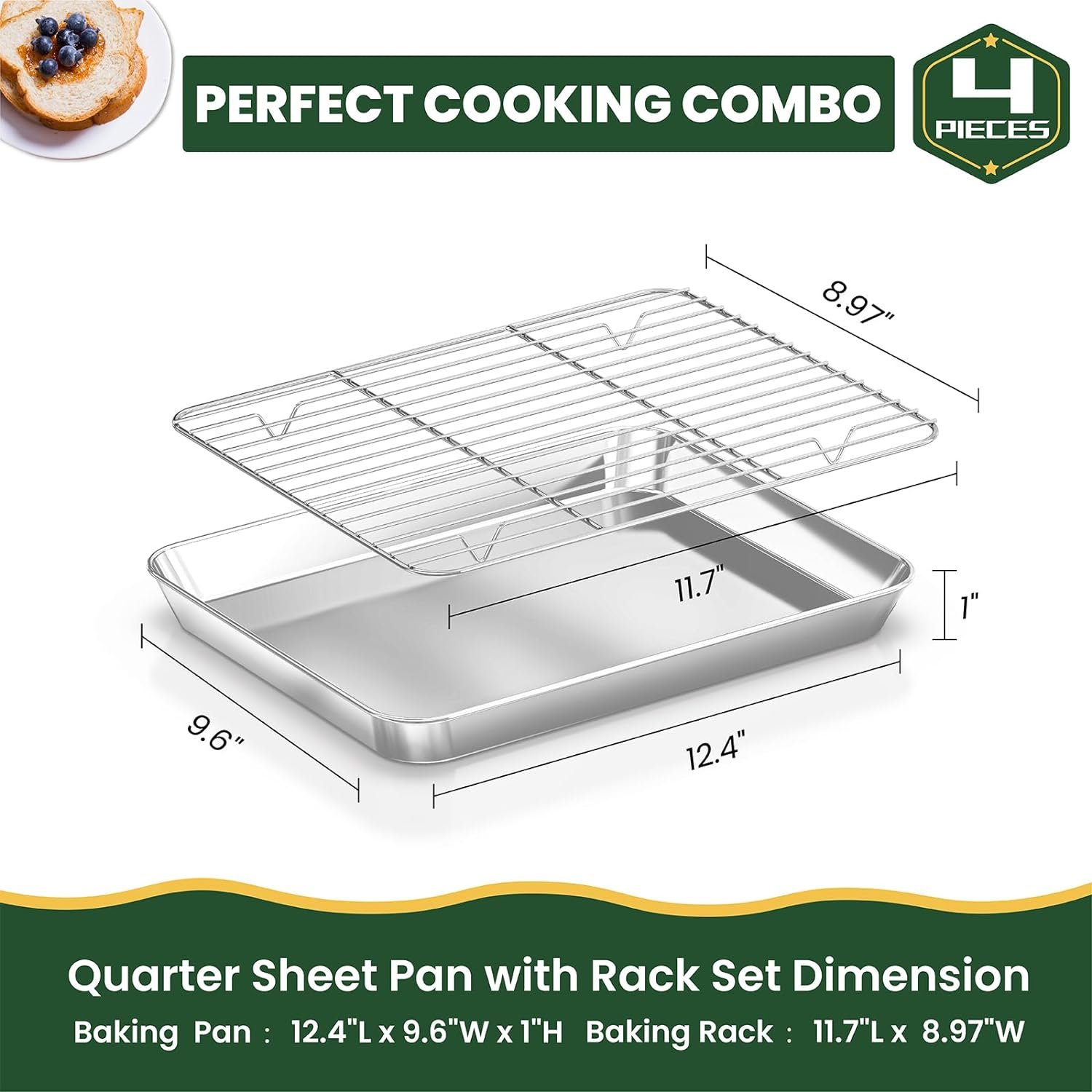 Quarter Sheet Pan with Rack Set (2 Baking Sheets + 2 Cooling Racks), Stainless Steel Cookie Sheet  Baking Rack, Baking Pan Tray, Nonstick  Heavy Duty  Easy Clean, Size 12 x 10 x 1 Inch Quarter Sheet Pan with Rack Set (2 Baking Sheets + 2 Cooling Racks), Stainless Steel Cookie Sheet  Baking Rack, Baking Pan Tray, Nonstick  Heavy Duty  Easy Clean, Size 12 x 10 x 1 Inch
