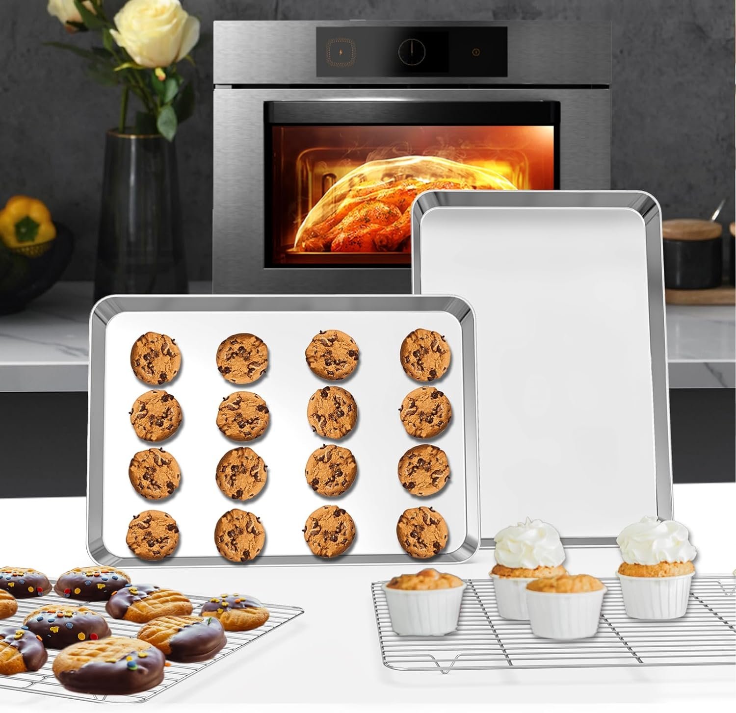 Quarter Sheet Pan with Rack Set (2 Baking Sheets + 2 Cooling Racks), Stainless Steel Cookie Sheet  Baking Rack, Baking Pan Tray, Nonstick  Heavy Duty  Easy Clean, Size 12 x 10 x 1 Inch Quarter Sheet Pan with Rack Set (2 Baking Sheets + 2 Cooling Racks), Stainless Steel Cookie Sheet  Baking Rack, Baking Pan Tray, Nonstick  Heavy Duty  Easy Clean, Size 12 x 10 x 1 Inch