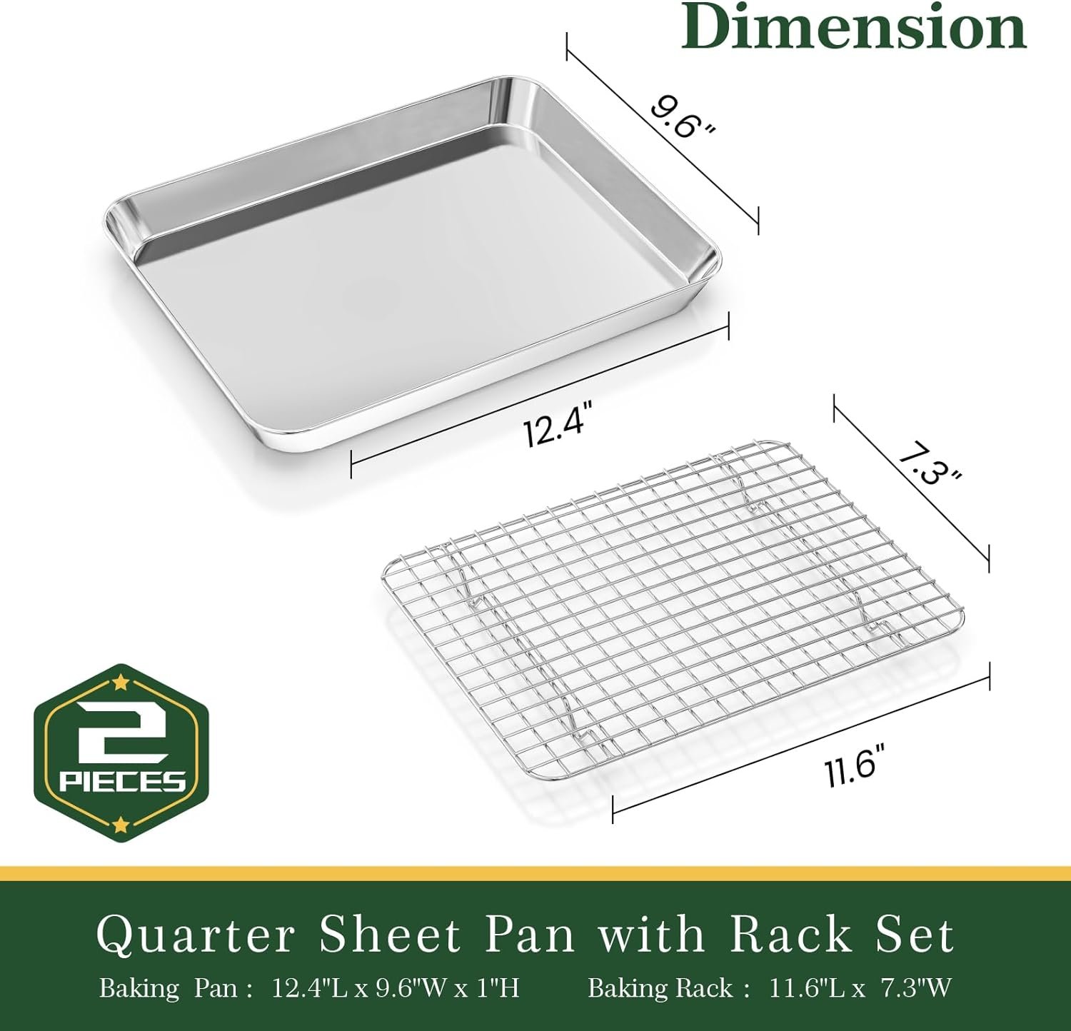 Quarter Sheet Pan with Rack Set [ Baking Sheet + Baking Rack], Stainless Steel Cookie Sheets for Baking and Wire Rack - Rust Warp Resistant Nonstick, Size 12 x 9.6 x 1 Inch