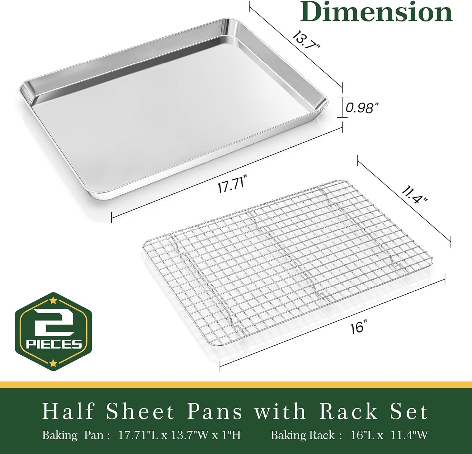 Quarter Sheet Pan with Rack Set [ Baking Sheet + Baking Rack], Stainless Steel Cookie Sheets for Baking and Wire Rack - Rust Warp Resistant Nonstick, Size 12 x 9.6 x 1 Inch