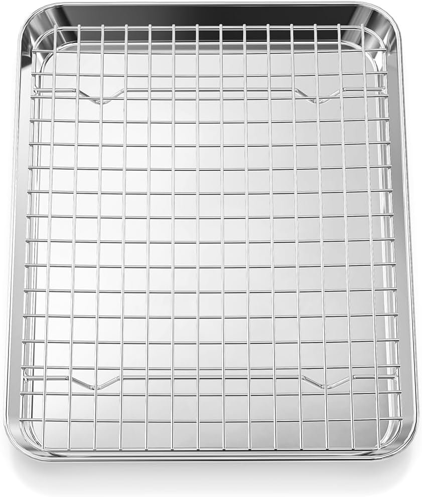 Quarter Sheet Pan with Rack Set [ Baking Sheet + Baking Rack], Stainless Steel Cookie Sheets for Baking and Wire Rack - Rust Warp Resistant Nonstick, Size 12 x 9.6 x 1 Inch