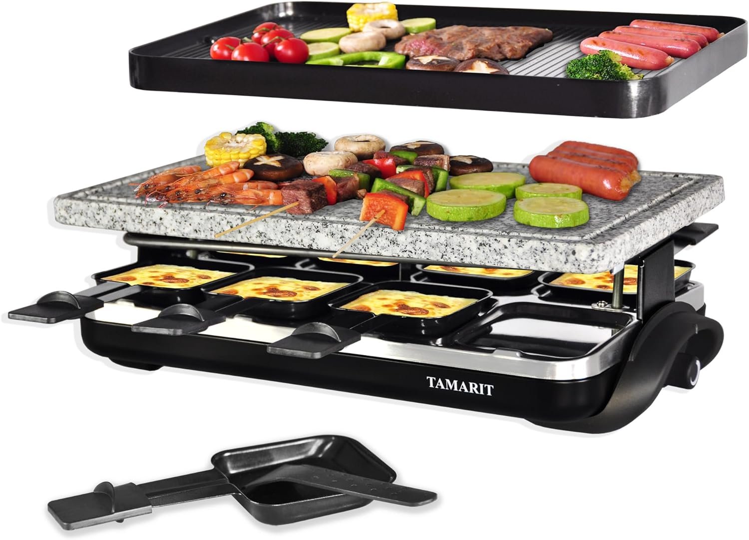 Raclette Table Grill Portable 3 in 1 Korean Barbecue BBQ Grill Electric Indoor Grill with Non-Stick Reversible Grilling Plate  Cooking Stone for Steak 1400W Raclette Grill for 8 Person, Black