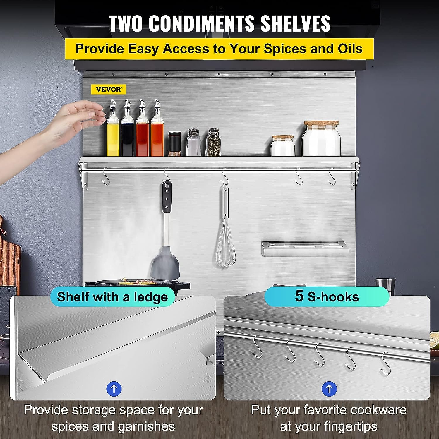 Range Backsplash with Shelf 29.5 x 29.5 Inch Range Hood Wall Shield, Stainless Steel Backsplash Silver Splash Plate for Range Hood Stainless Backsplash with Storage Shelf and Hanging Rack