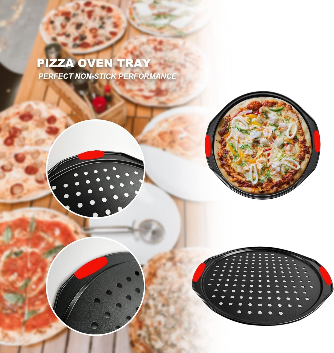 Rarapop Pizza Pan with Silicone Handles –Versatile 14-Inch carbon steel baking pan with hole Ideal for Cooking, Baking, and Grilling - Durable, Even Heating, and Long-Lasting Kitchen Cookware(2 pack)