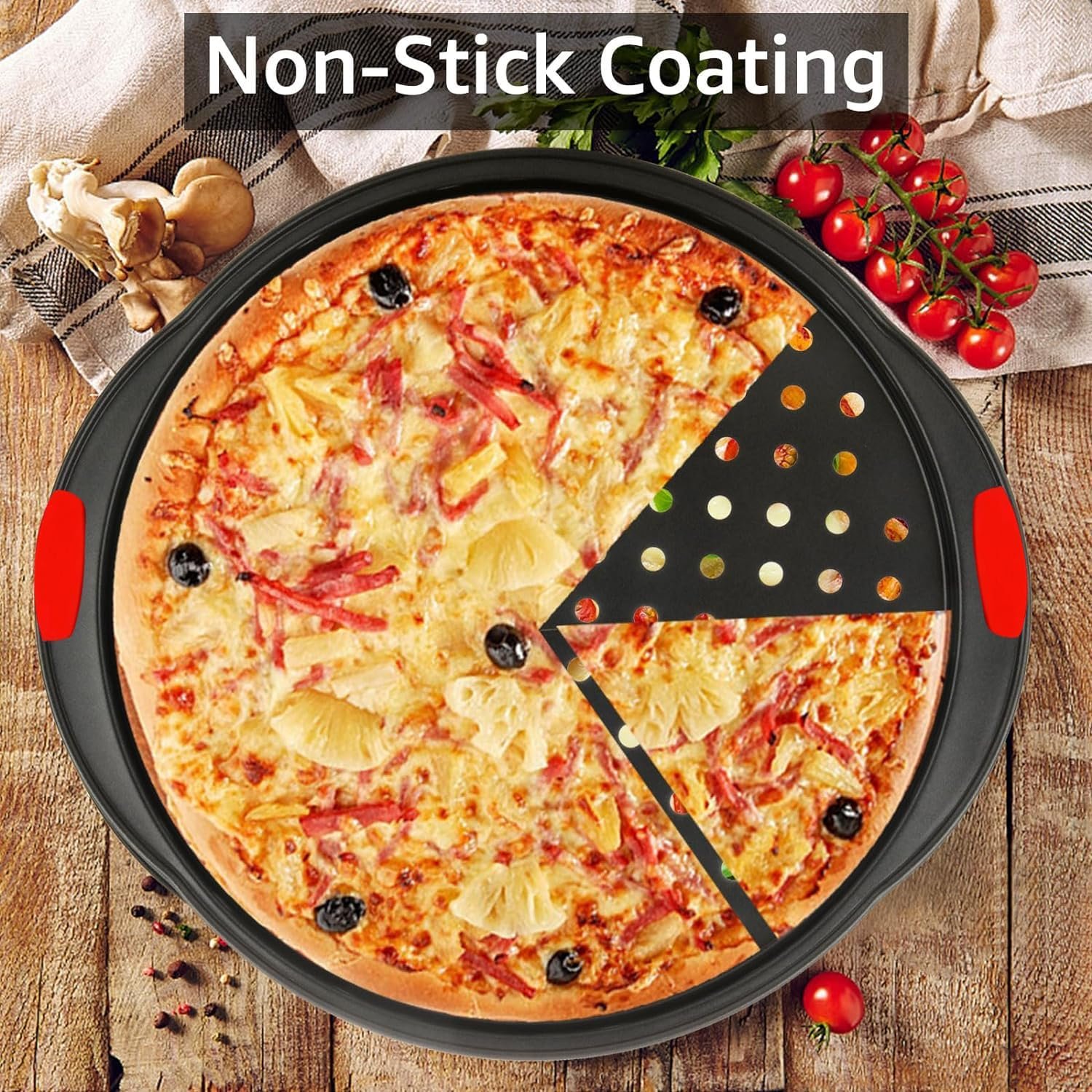 Rarapop Pizza Pan with Silicone Handles –Versatile 14-Inch carbon steel baking pan with hole Ideal for Cooking, Baking, and Grilling - Durable, Even Heating, and Long-Lasting Kitchen Cookware(2 pack)