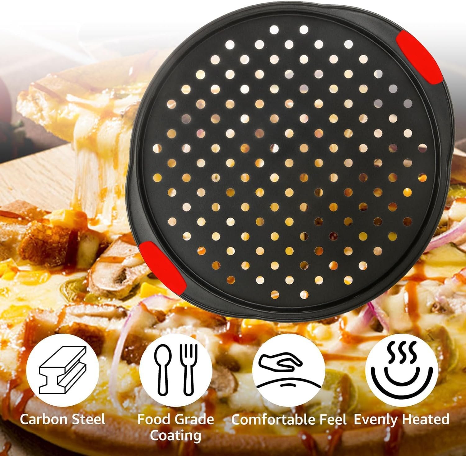 Rarapop Pizza Pan with Silicone Handles –Versatile 14-Inch carbon steel baking pan with hole Ideal for Cooking, Baking, and Grilling - Durable, Even Heating, and Long-Lasting Kitchen Cookware(2 pack)